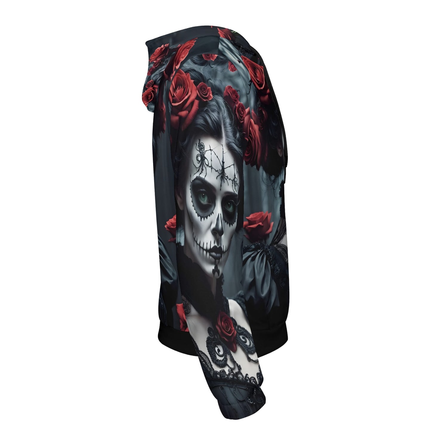 Dark Rose Enigma Poly French Terry hoodie with skull face woman and red roses design