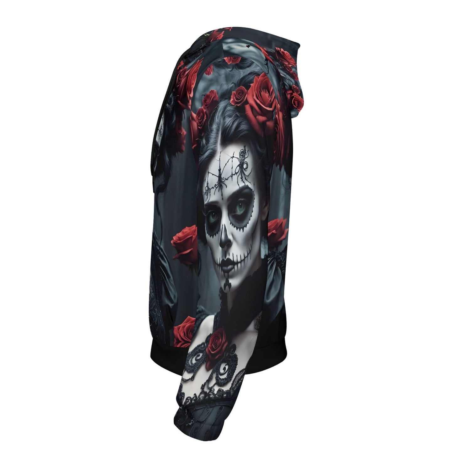 Dark Rose Enigma Poly French Terry hoodie with skull face and red rose graphic by Loud and Lethal