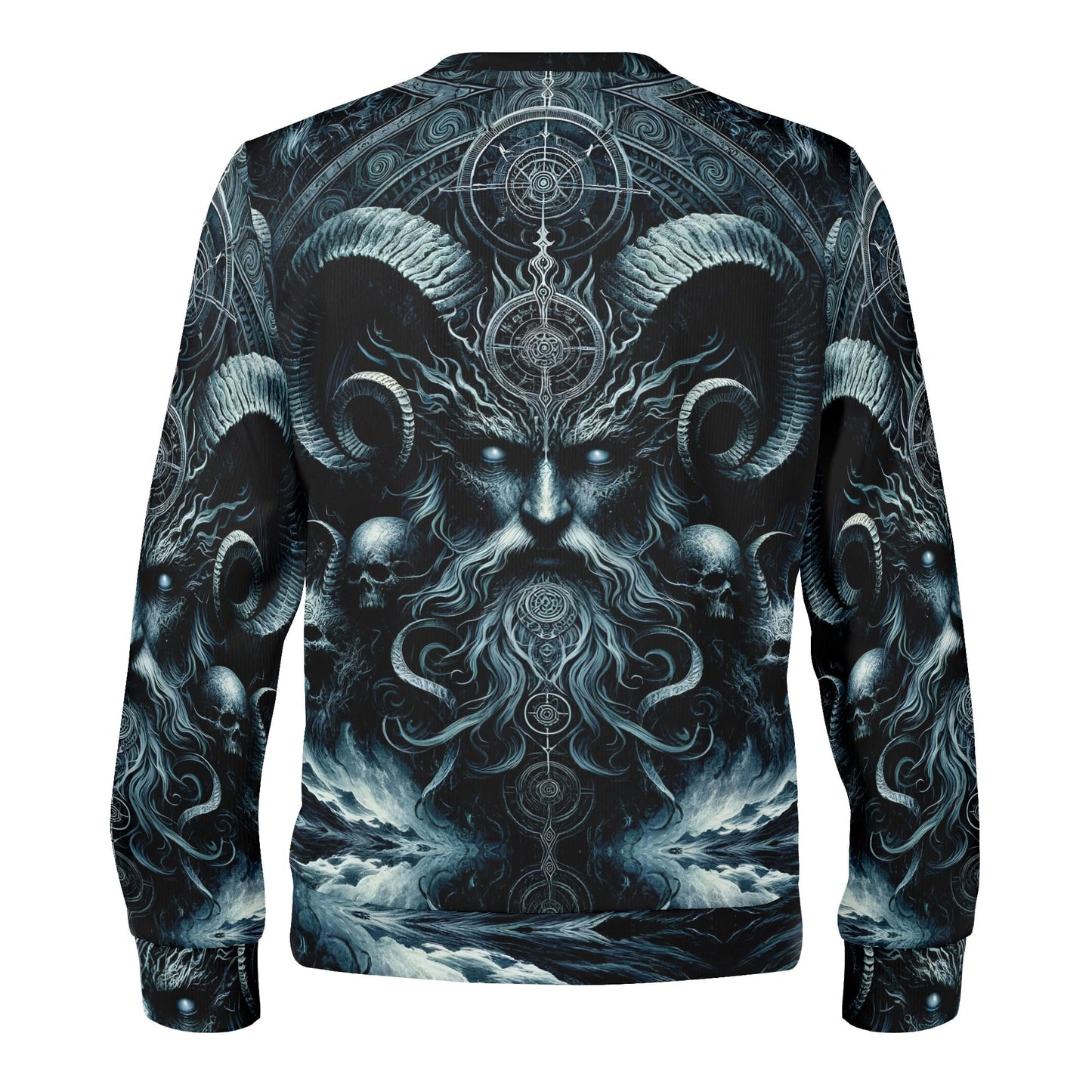 The Seas Dark Sentinel Cotton Terry Sweatshirt unisex back print featuring a horned sea god with skulls and stormy waves