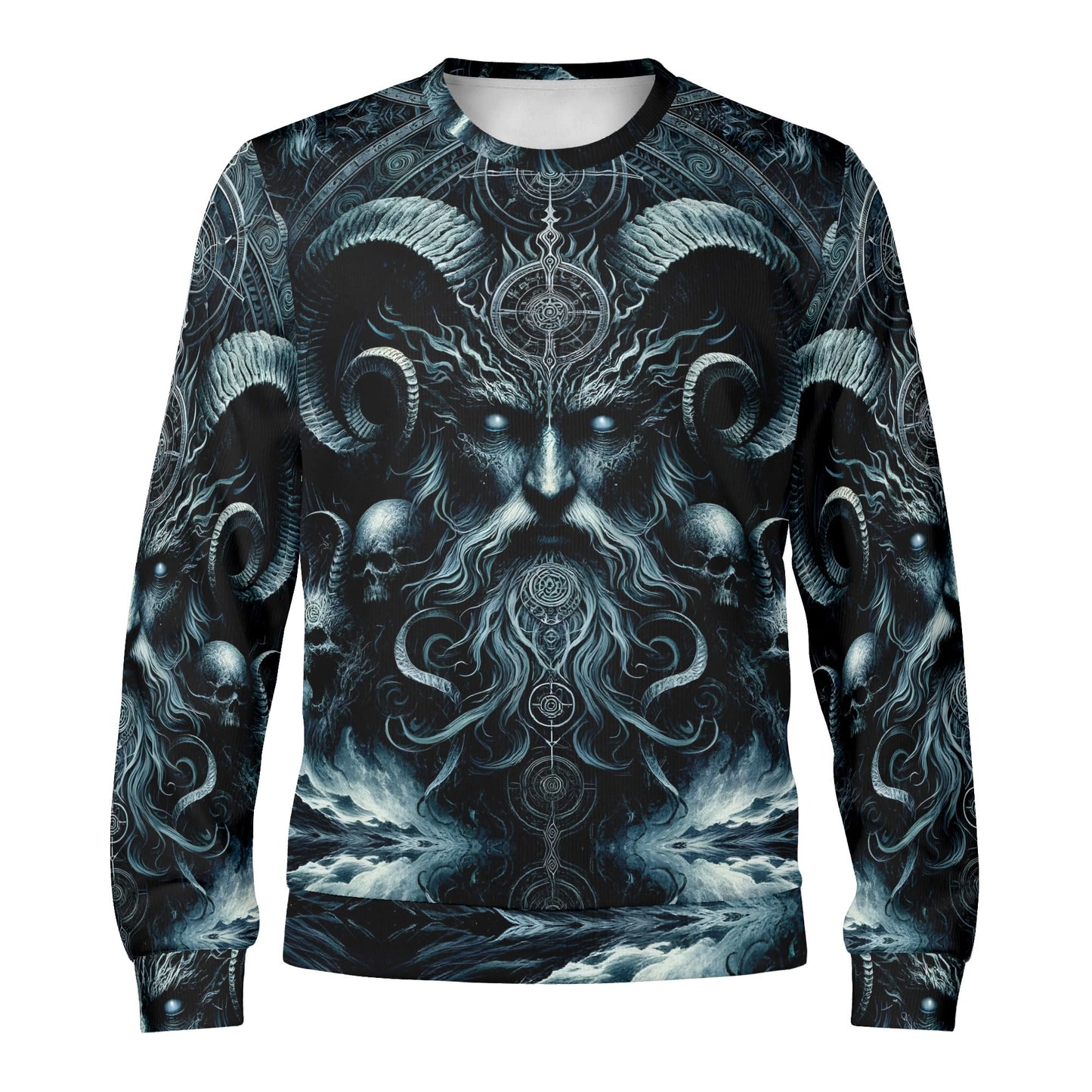 Loud and Lethal unisex sweater with horned sea god skulls and waves design The Seas Dark Sentinel Cotton Terry Sweatshirt