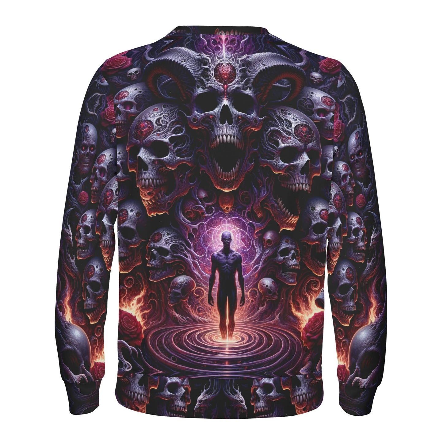 The Abyssal Symphony Poly French Terry Sweatshirt unisex sweater with dark skulls, purple energy vortex and glowing human figure