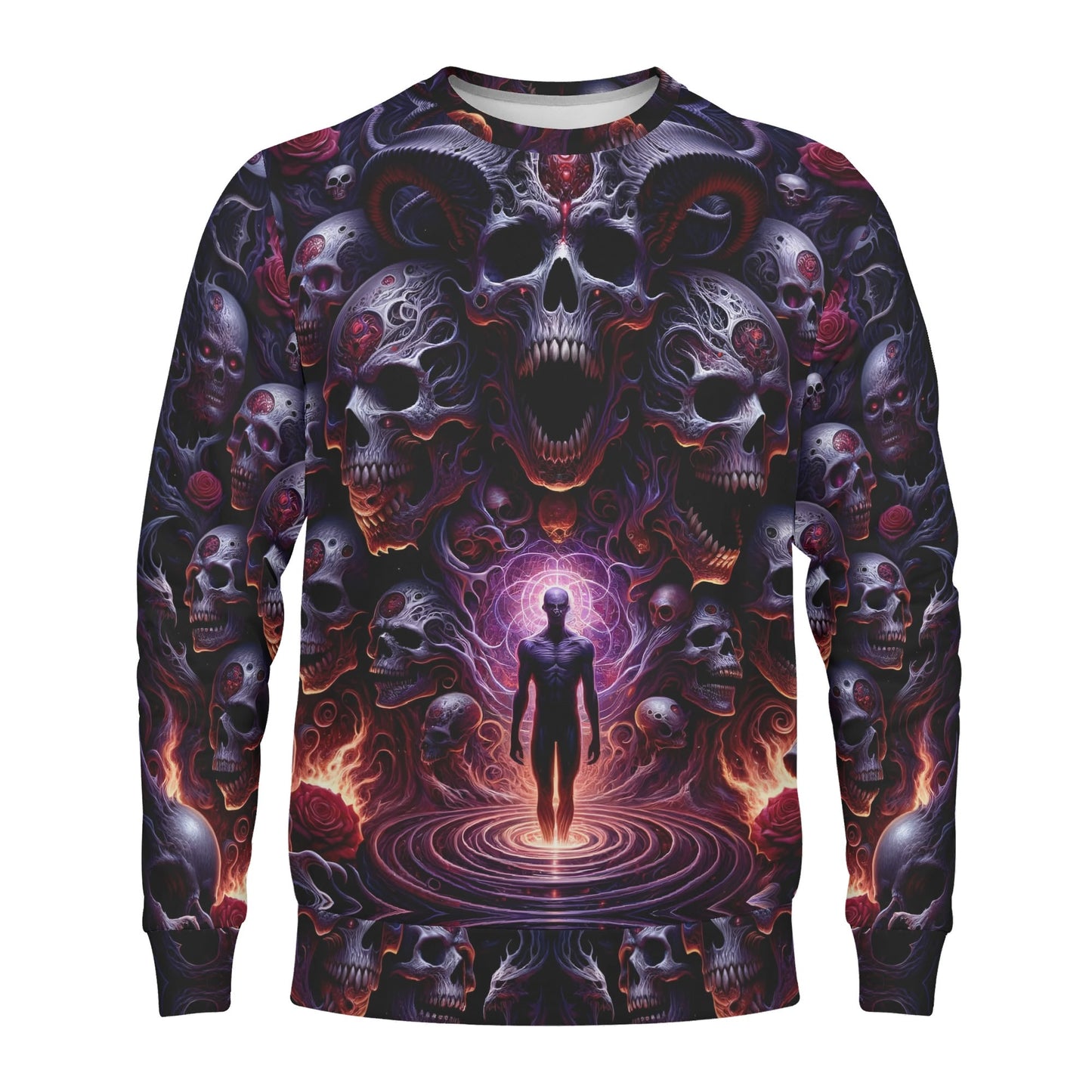 The Abyssal Symphony Poly French Terry Sweatshirt. Loud and Lethal unisex sweatshirt with skulls and glowing purple figure