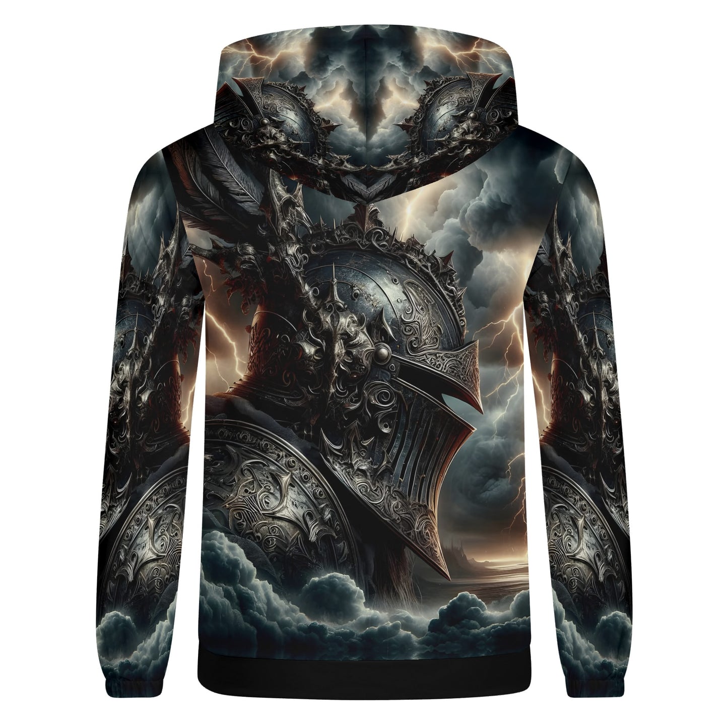 Darkbolt Knight Poly French Terry hoodie with detailed armored knight and stormy clouds design