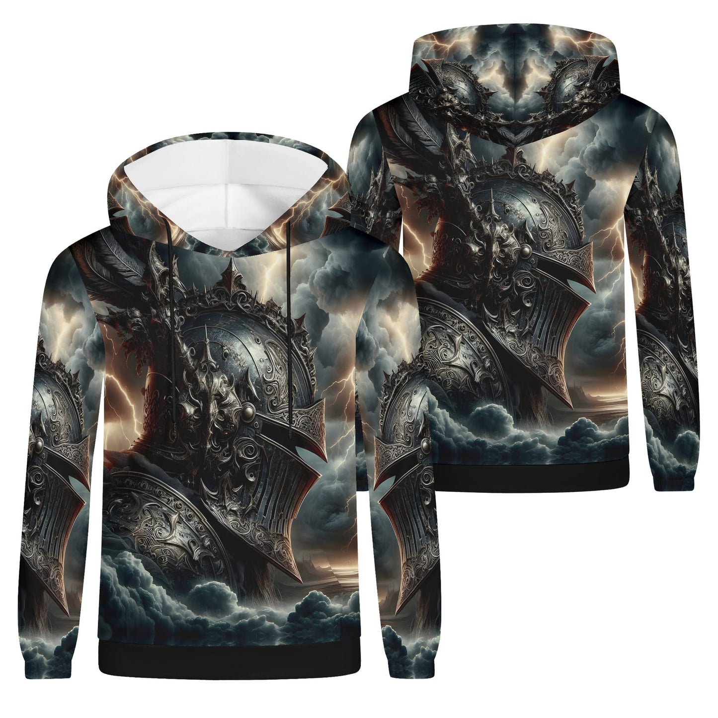 Darkbolt Knight Poly French Terry hoodie by Loud and Lethal with detailed armored knight and stormy clouds design