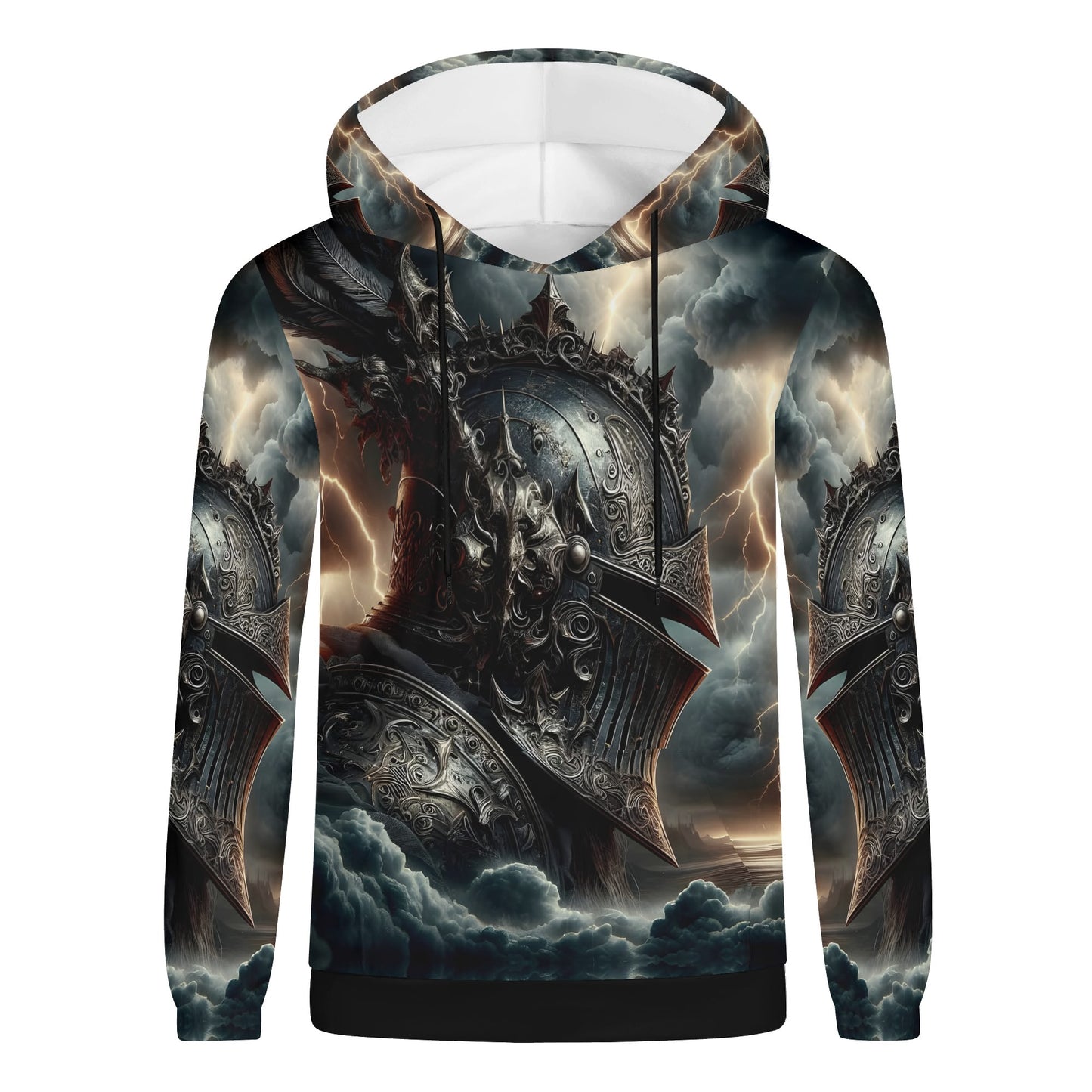 Darkbolt Knight Poly French Terry hoodie with detailed armored knight design and stormy sky background