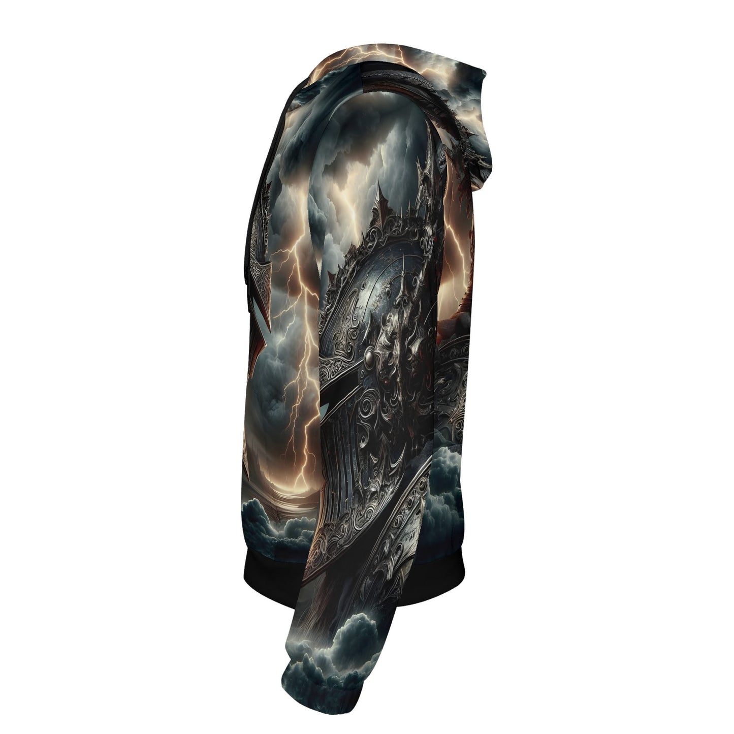 Side view of Darkbolt Knight Poly French Terry hoodie featuring stormy knight armor design