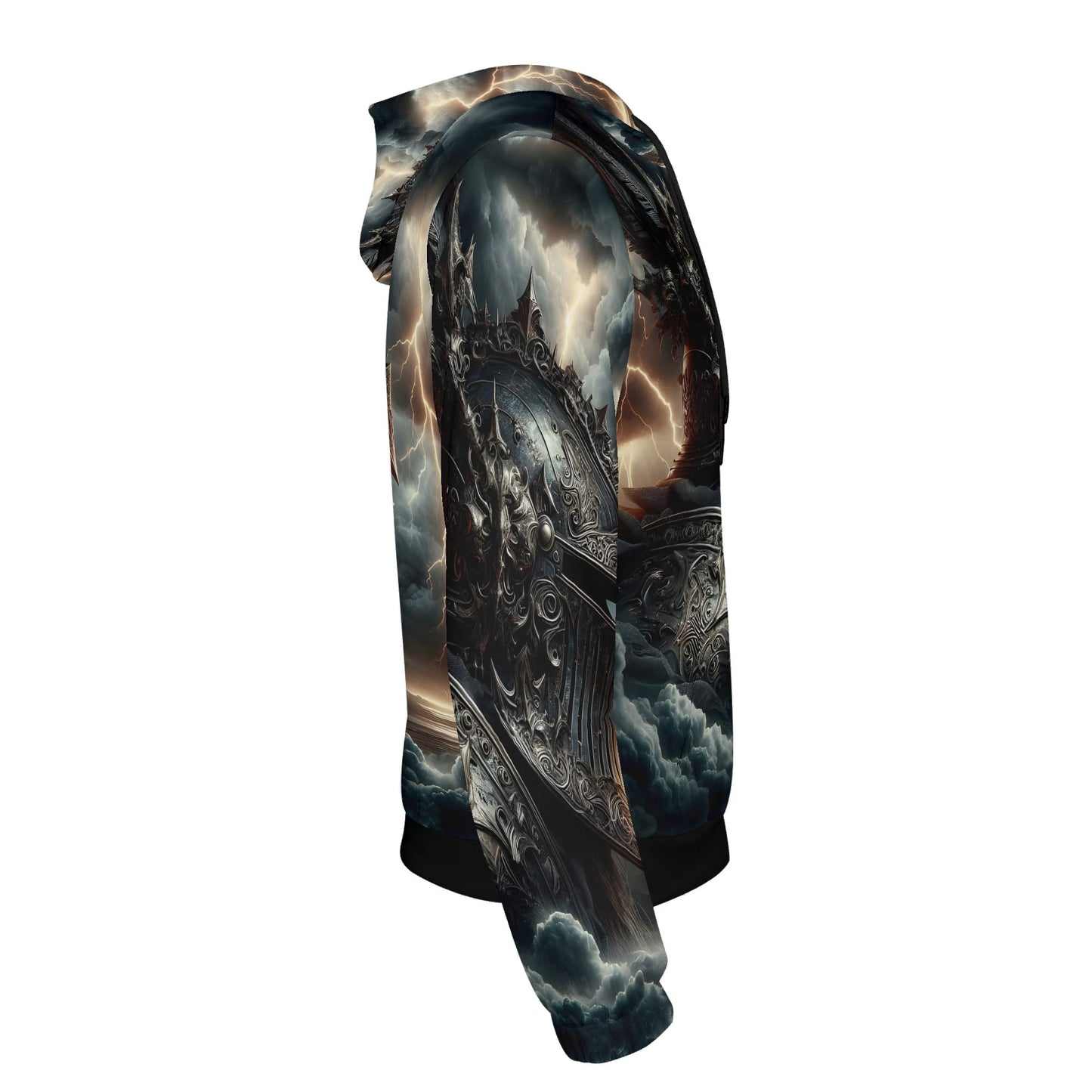 Darkbolt Knight Poly French Terry hoodie by Loud and Lethal with stormy armored knight design