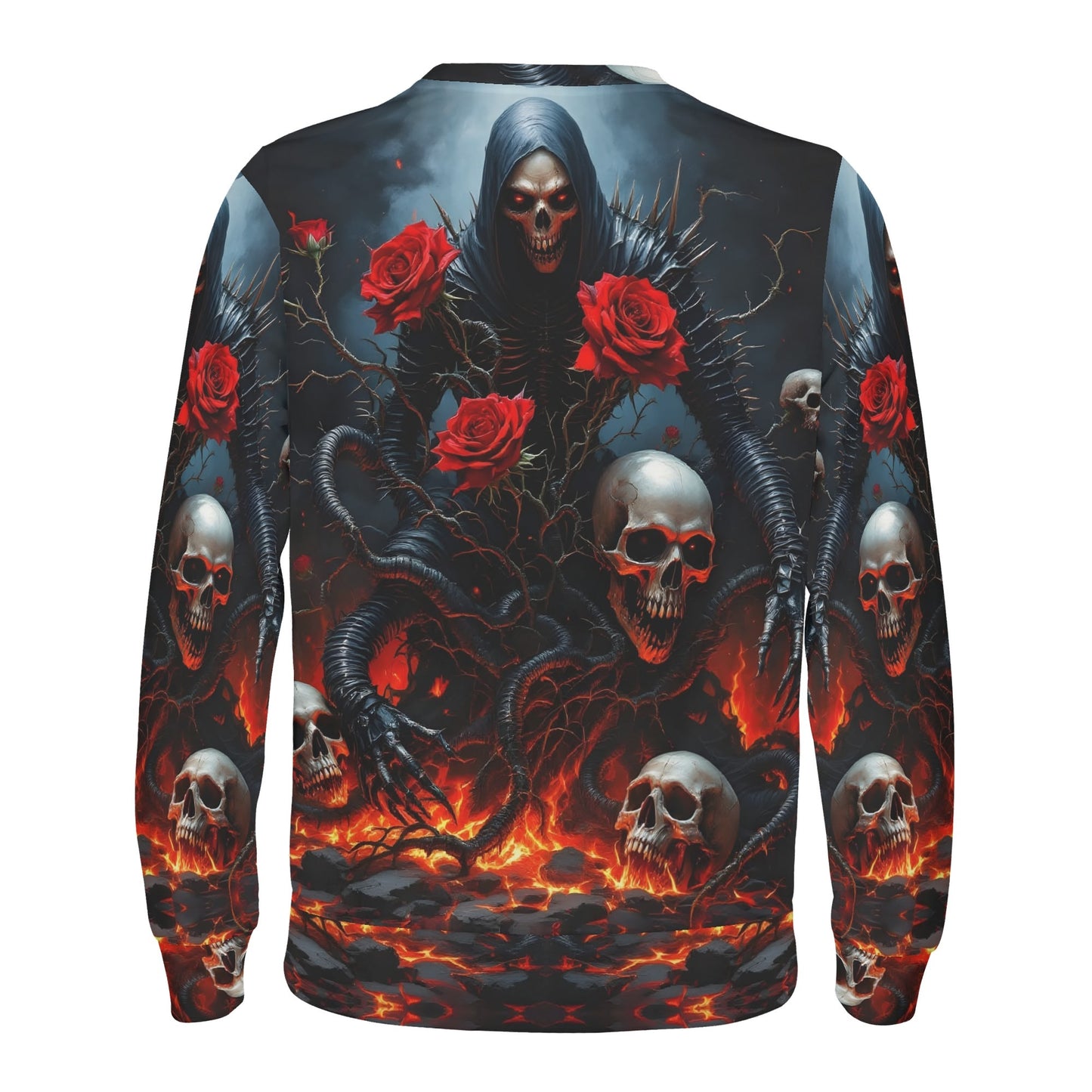 Loud and Lethal Maleficent Macabre Cotton Terry Sweatshirt back view with hooded reaper skulls red roses and lava