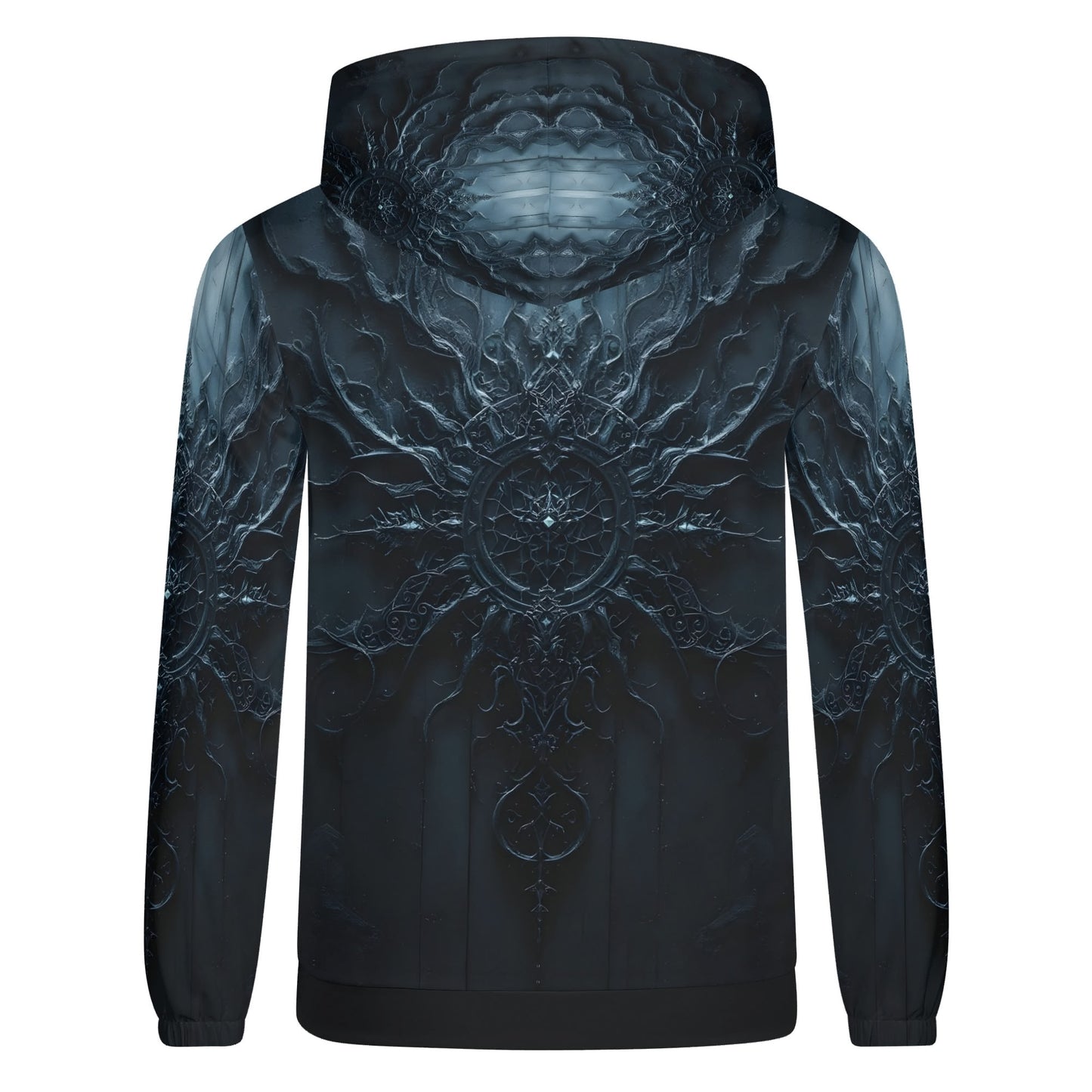 Darkened Essence Cotton Terry hoodie by Loud and Lethal with intricate dark abstract design on back