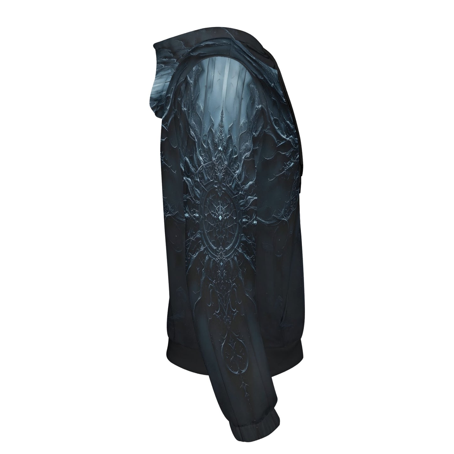 Darkened Essence Cotton Terry hoodie by Loud and Lethal in black with intricate sleeve design and hood