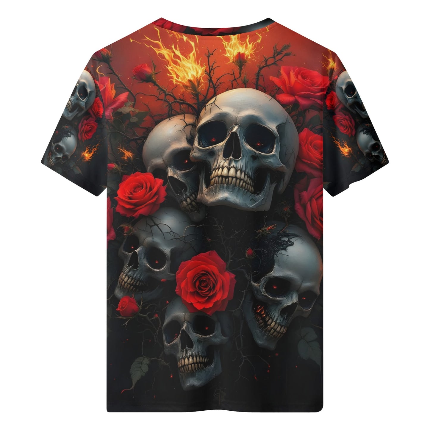 A Skulls Dance Poly French Terry Sweatshirt by Loud and Lethal unisex sweater with skulls red roses and fiery background