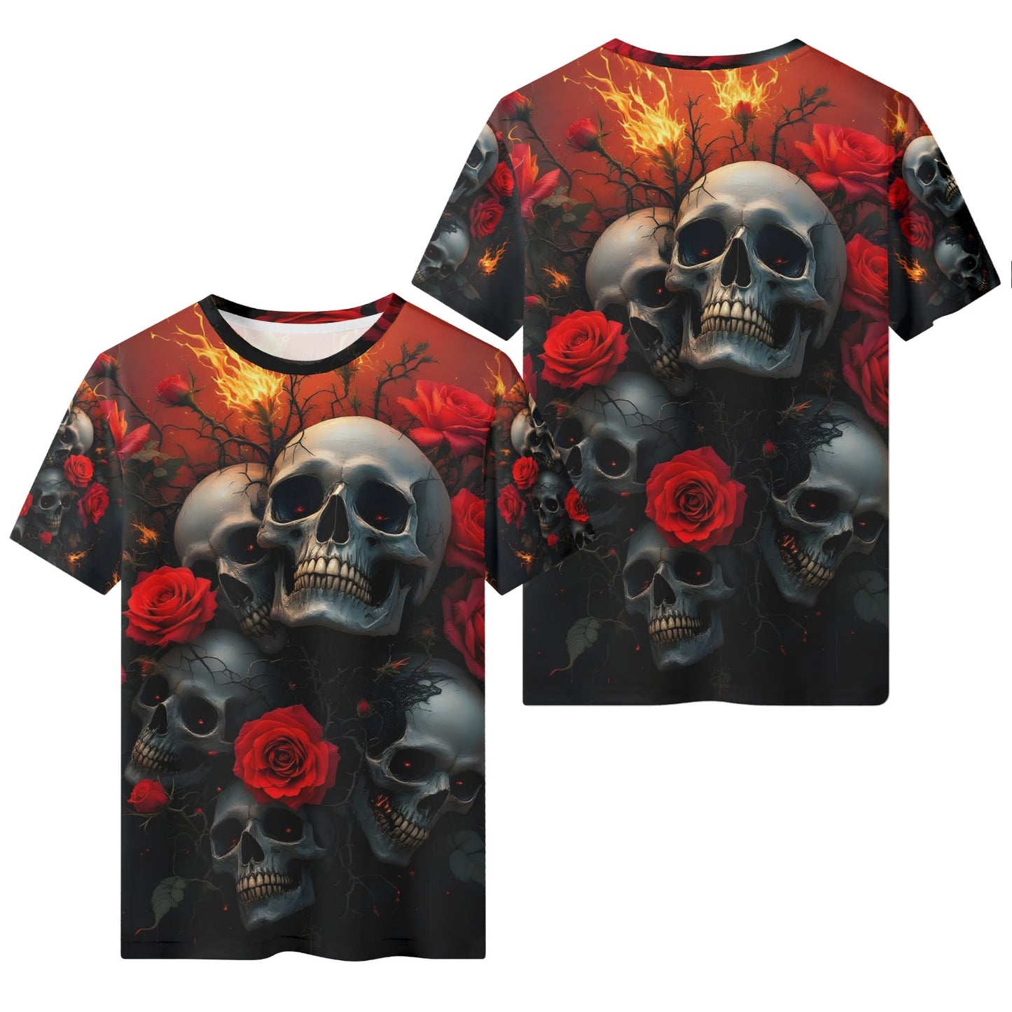 A Skulls Dance Poly French Terry Sweatshirt Loud and Lethal unisex sweater skulls red roses and fiery background