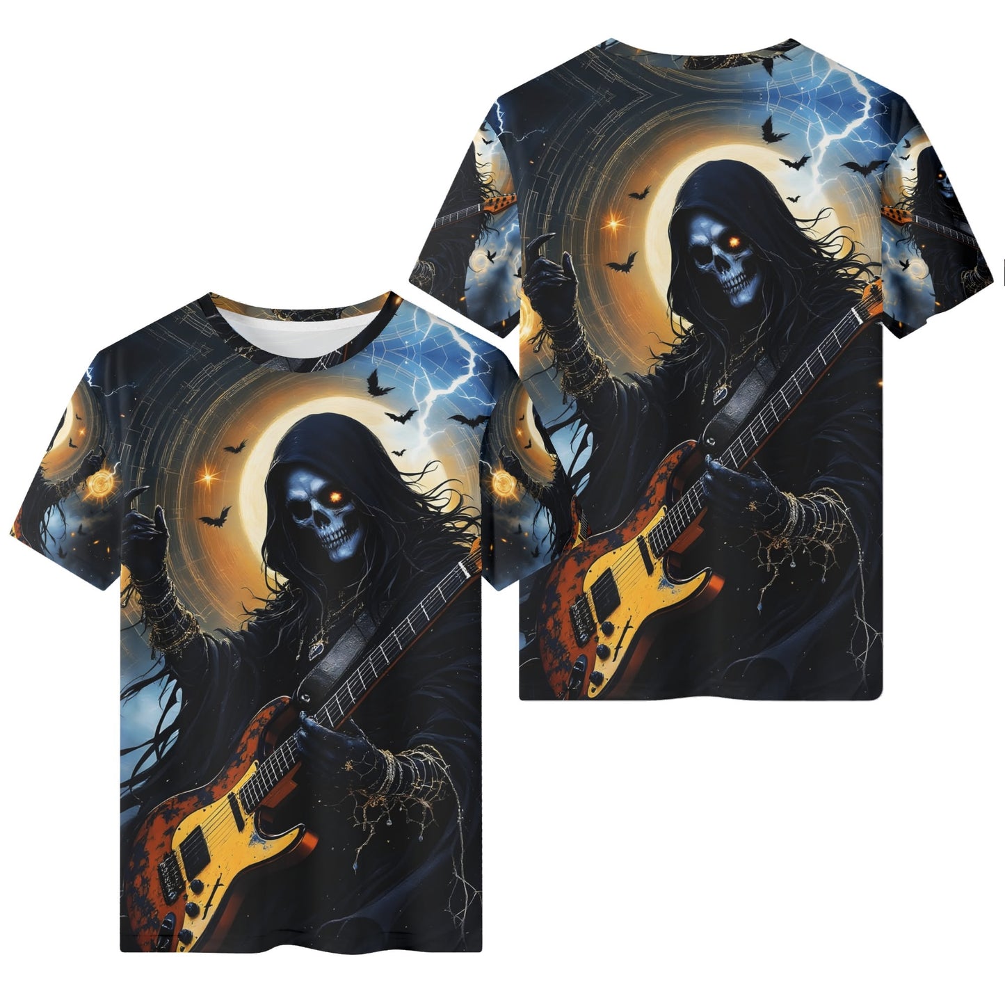 Death Metal Muse 100 Cotton T-Shirt featuring a skeleton guitarist with lightning and bats in dark theme