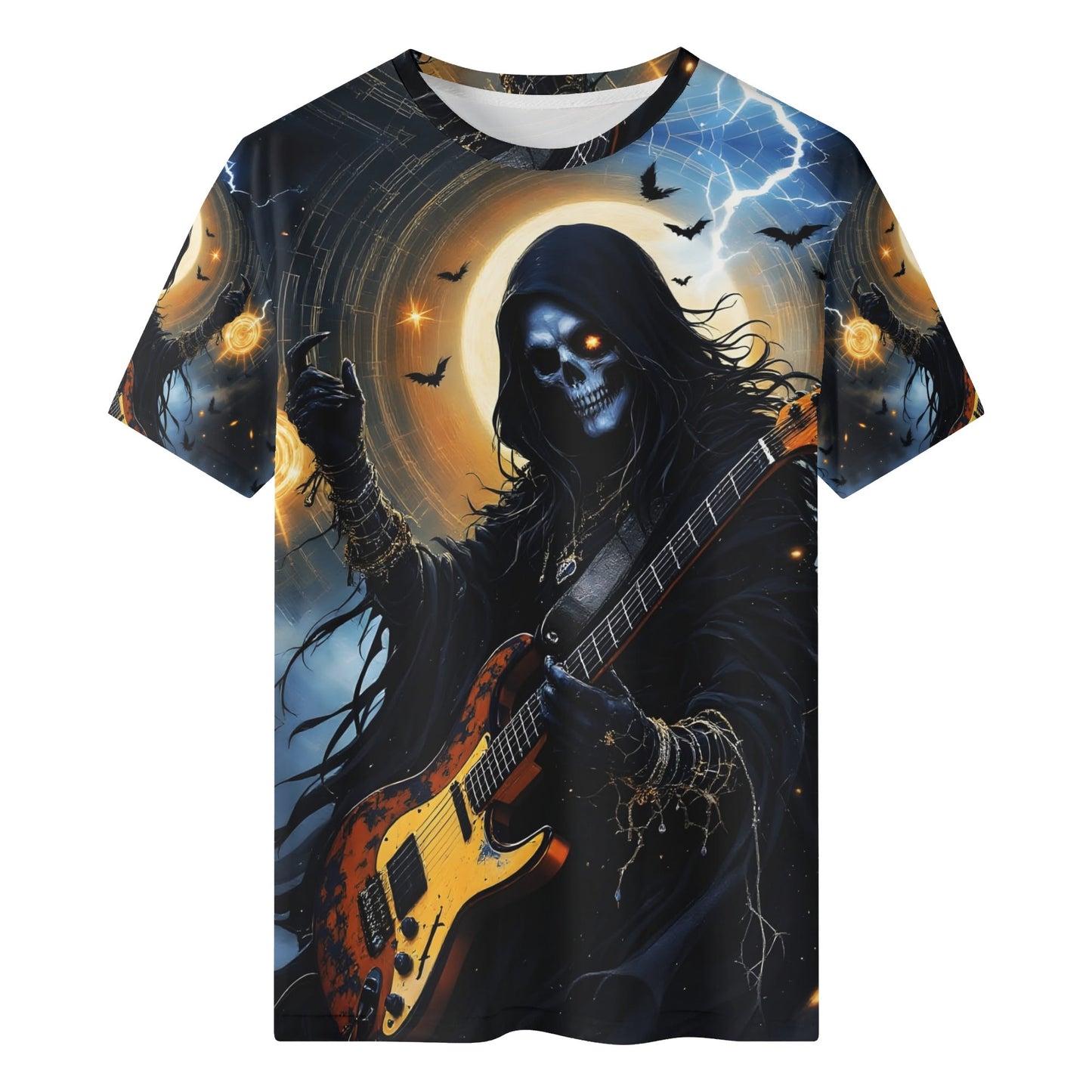Death Metal Muse 100 Cotton T-Shirt featuring grim reaper playing electric guitar with lightning and bats