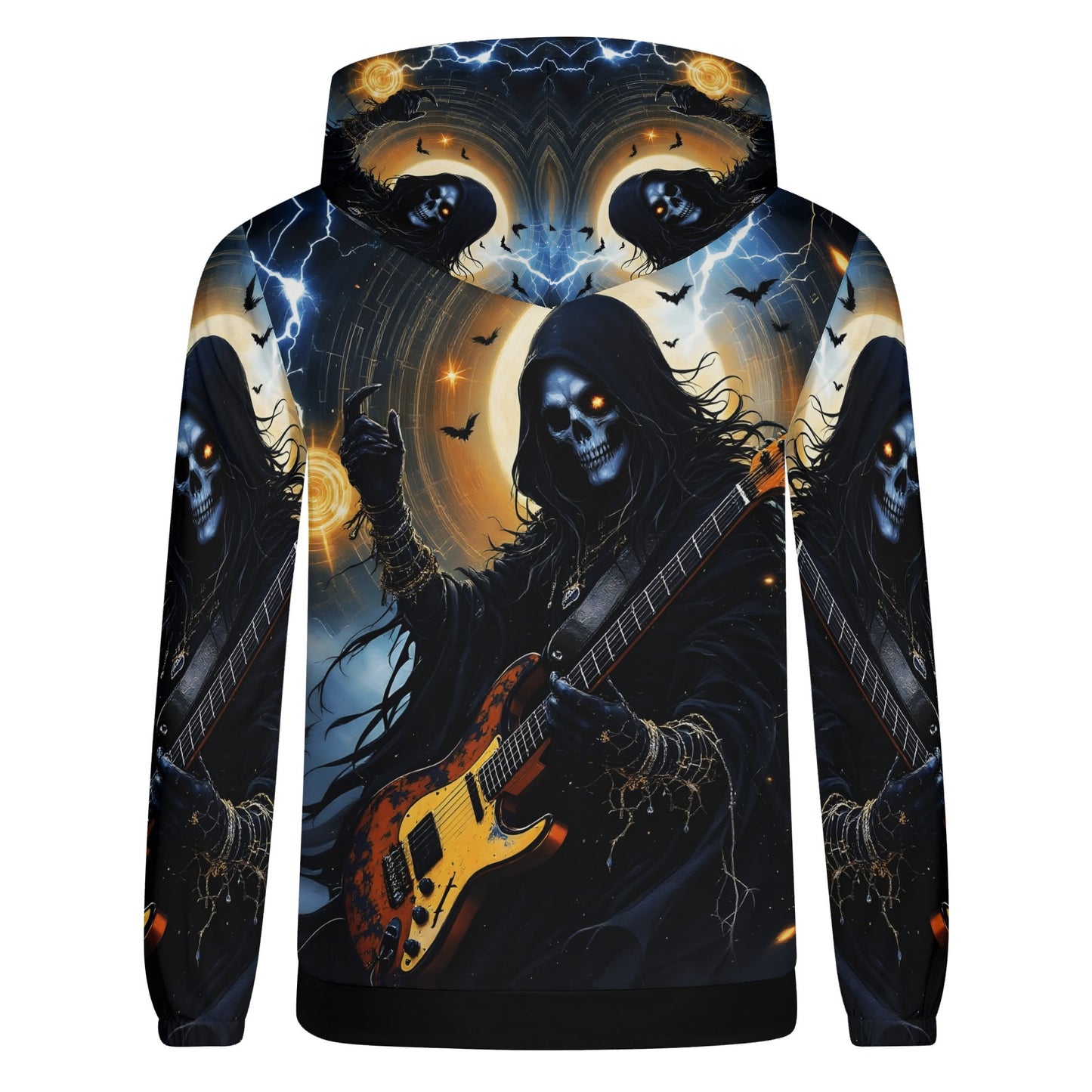 Loud and Lethal Death Metal Muse Poly French Terry hoodie with skeleton guitarist and lightning design