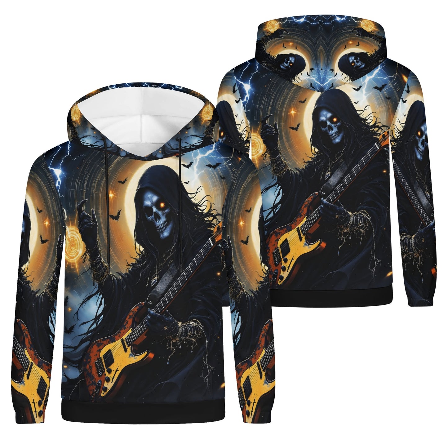 Death Metal Muse Poly French Terry hoodie with grim reaper playing electric guitar and dark spooky design