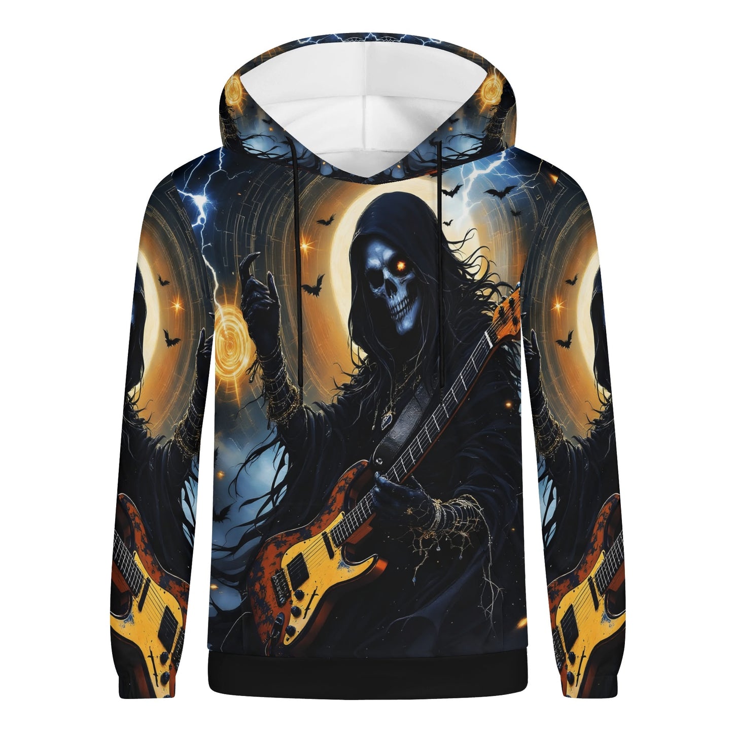 Death Metal Muse Poly French Terry hoodie with skull guitarist and dark electric storm design