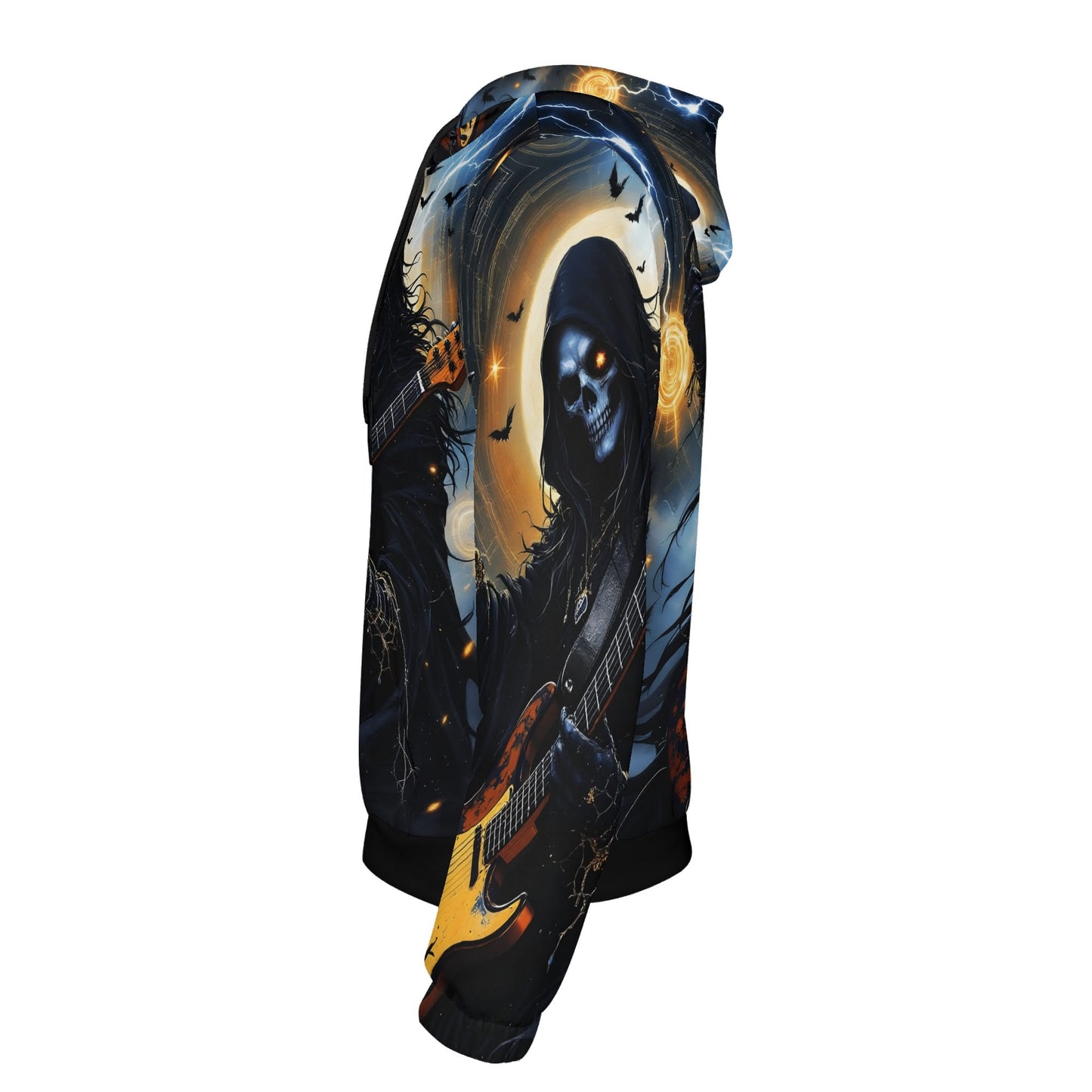 Death Metal Muse Poly French Terry hoodie with skeleton guitarist and dark eerie design by Loud and Lethal