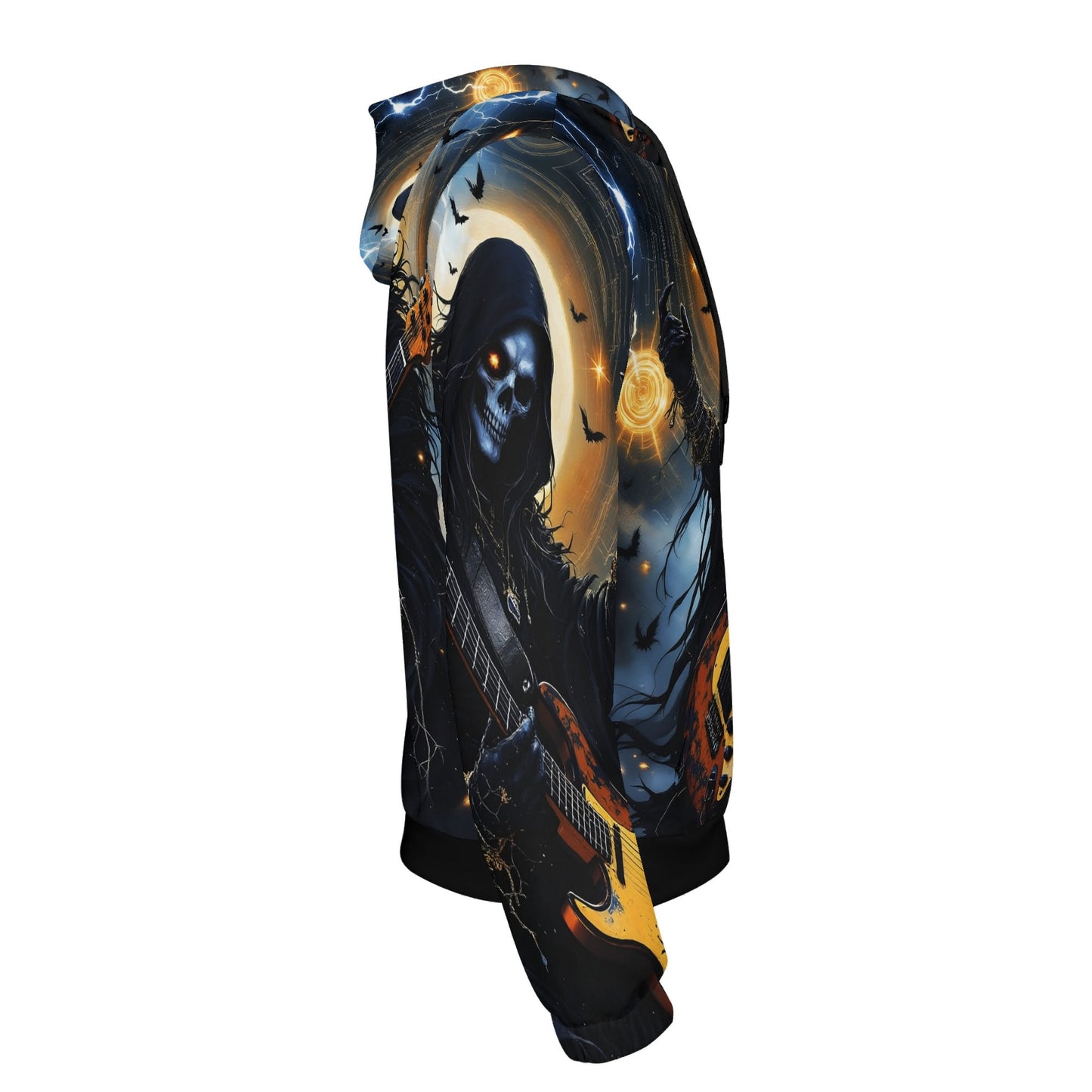Loud and Lethal Death Metal Muse Poly French Terry hoodie with skull guitarist and dark artistic design