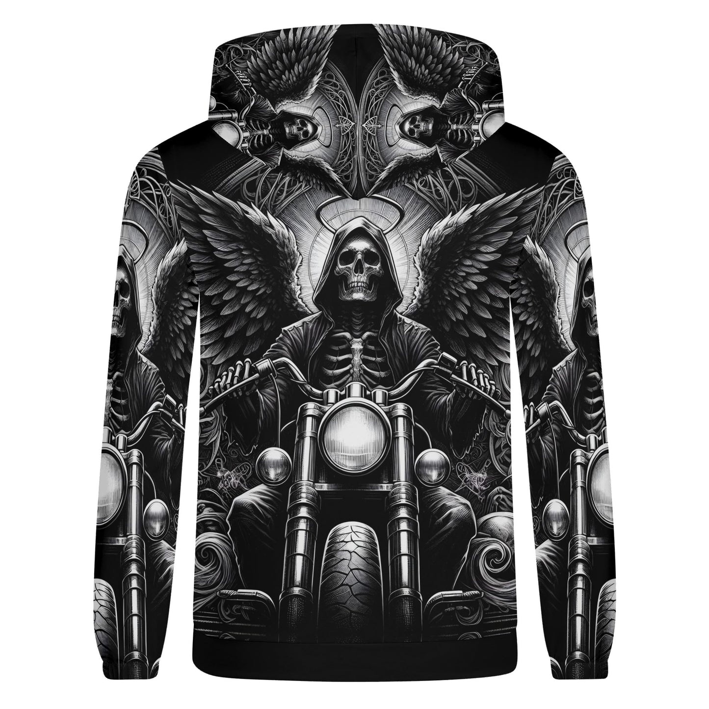 Death on Wheels Cotton Terry Hoodie by Loud and Lethal featuring grim reaper riding motorcycle with wings