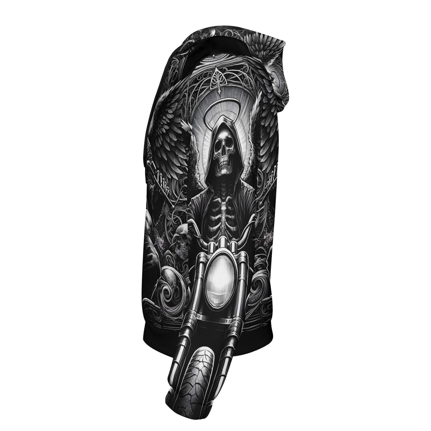 Unisex Death on Wheels Cotton Terry Hoodie by Loud and Lethal with detailed grim reaper motorcycle design