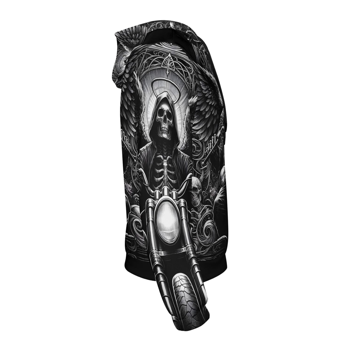 Death on Wheels Cotton Terry Hoodie by Loud and Lethal featuring skeleton rider on motorcycle graphic
