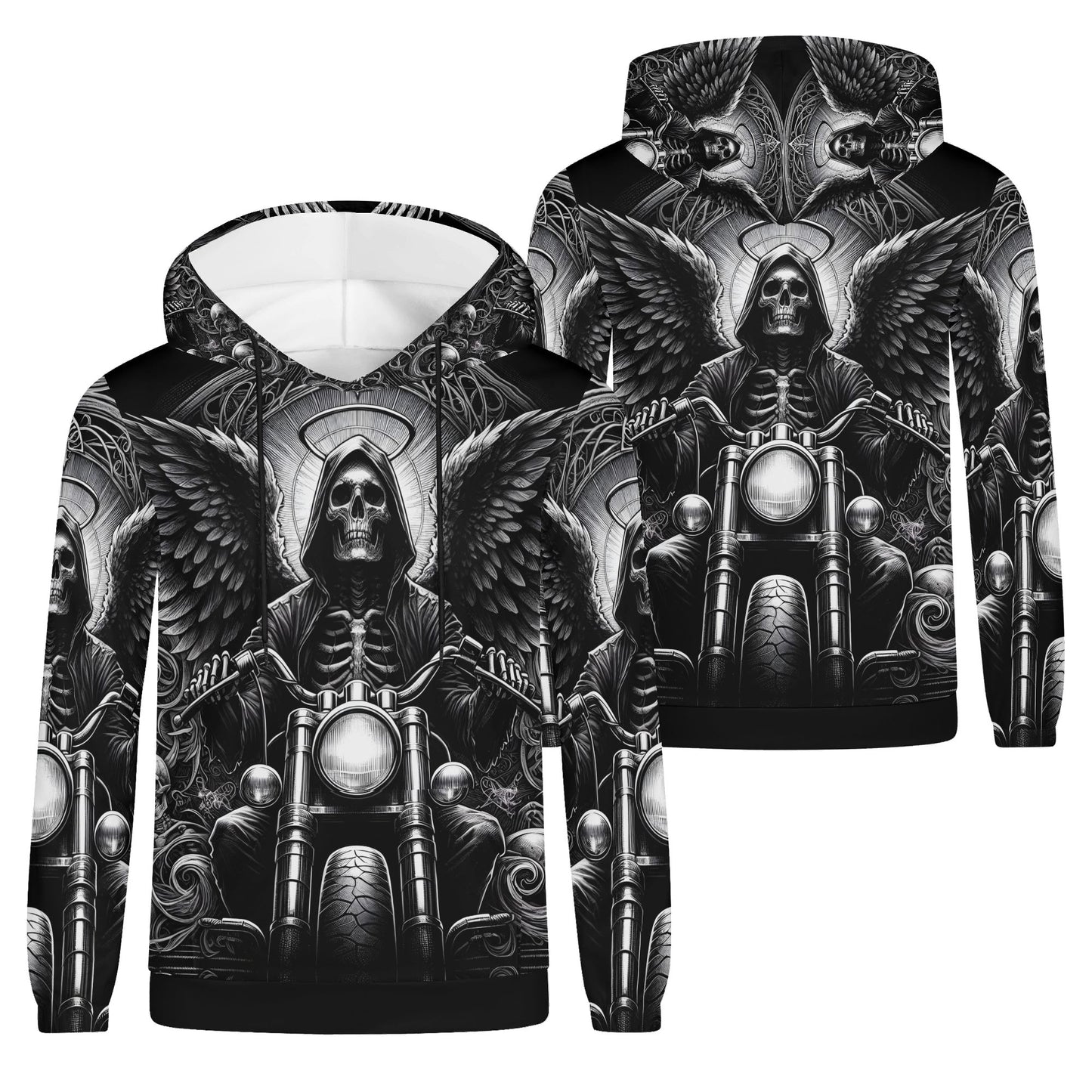 Loud and Lethal Death on Wheels Cotton Terry Hoodie featuring skull biker design with wings in black and white