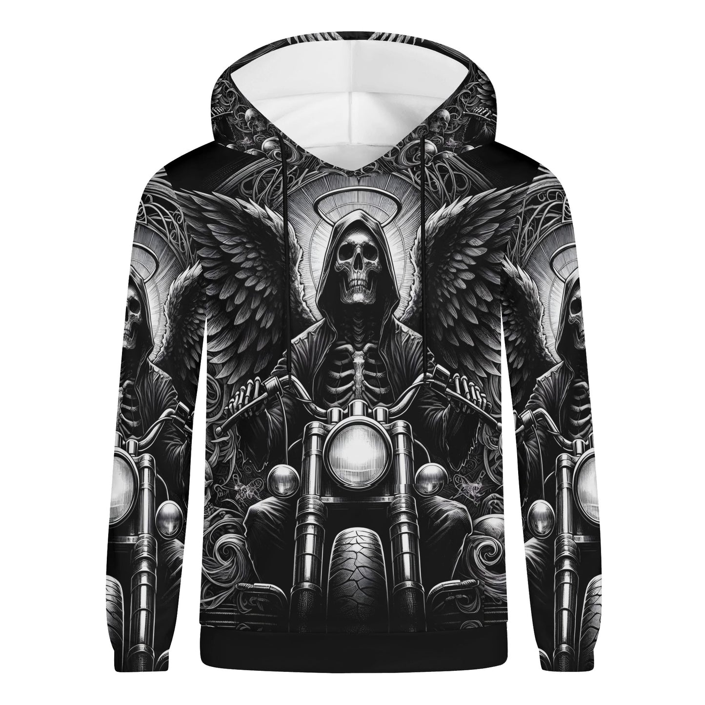 Loud and Lethal Death on Wheels Cotton Terry Hoodie with black and white skull biker design