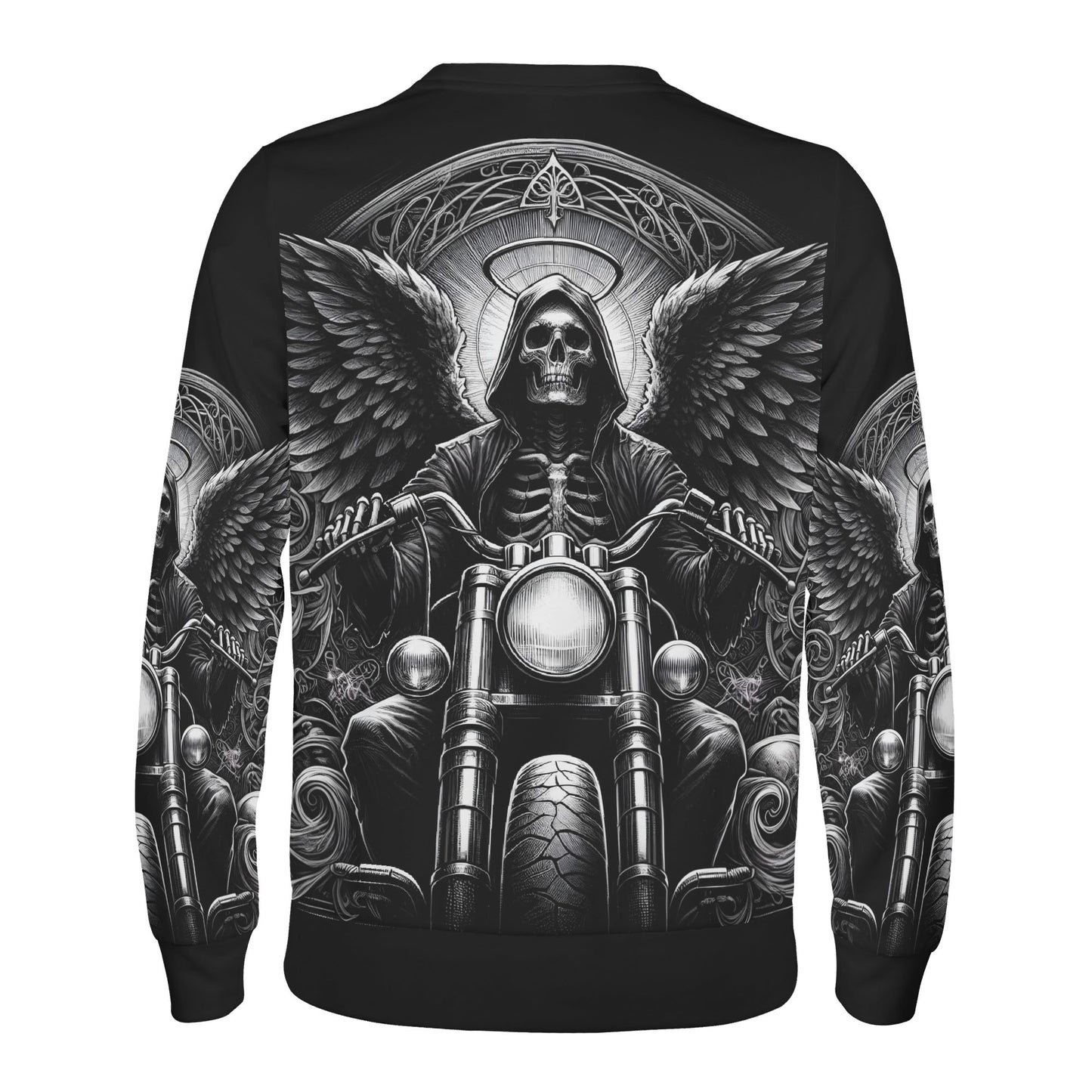 Death on Wheels Poly French Terry Sweatshirt featuring winged skeleton rider on motorcycle design