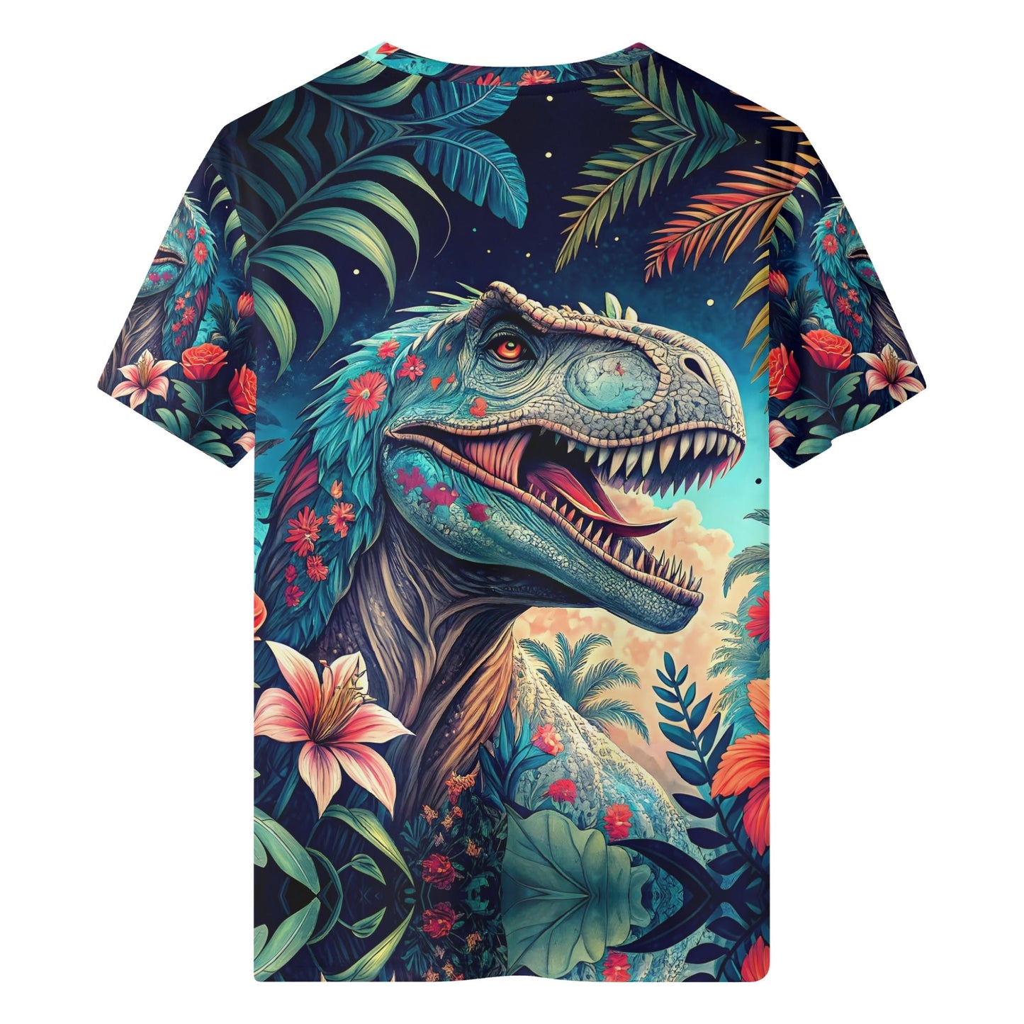 Dino Bloom Lycra Kids T-Shirt with vibrant teal T rex head and tropical hibiscus flowers on allover print