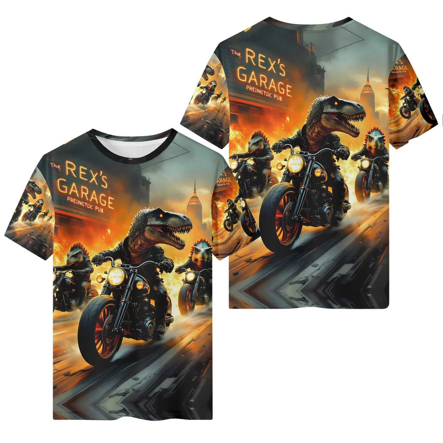 Dino Throttle Organic Cotton Kids T-Shirt featuring a T-Rex riding a motorcycle with flames and city background