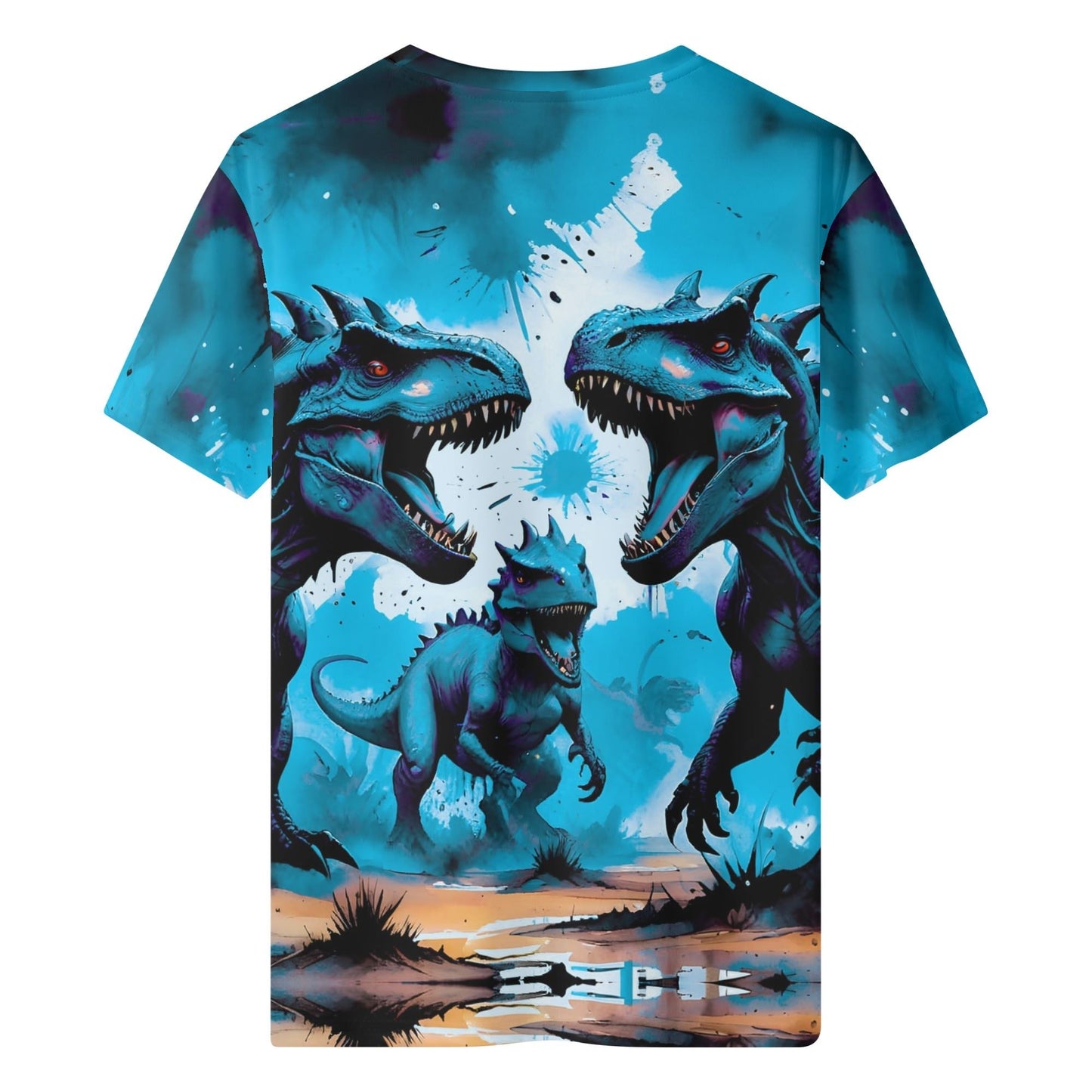 Prehistoric Pulse blue Lycra Kids T-Shirt Loud and Lethal kids tee with three blue dinosaurs roaring over reflective water
