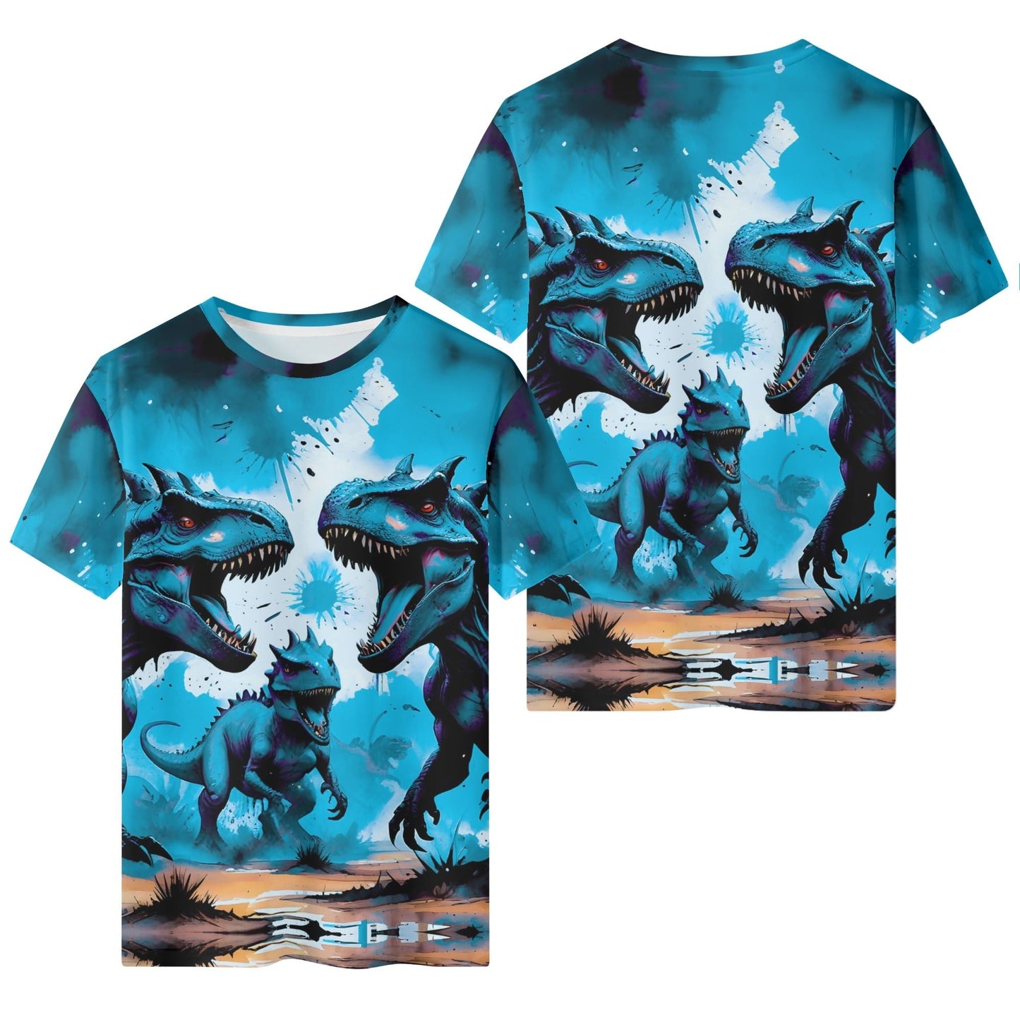 Prehistoric Pulse blue Lycra Kids T-Shirt . Vibrant blue dinosaur T rex family print on kids shirt for play and casual wear