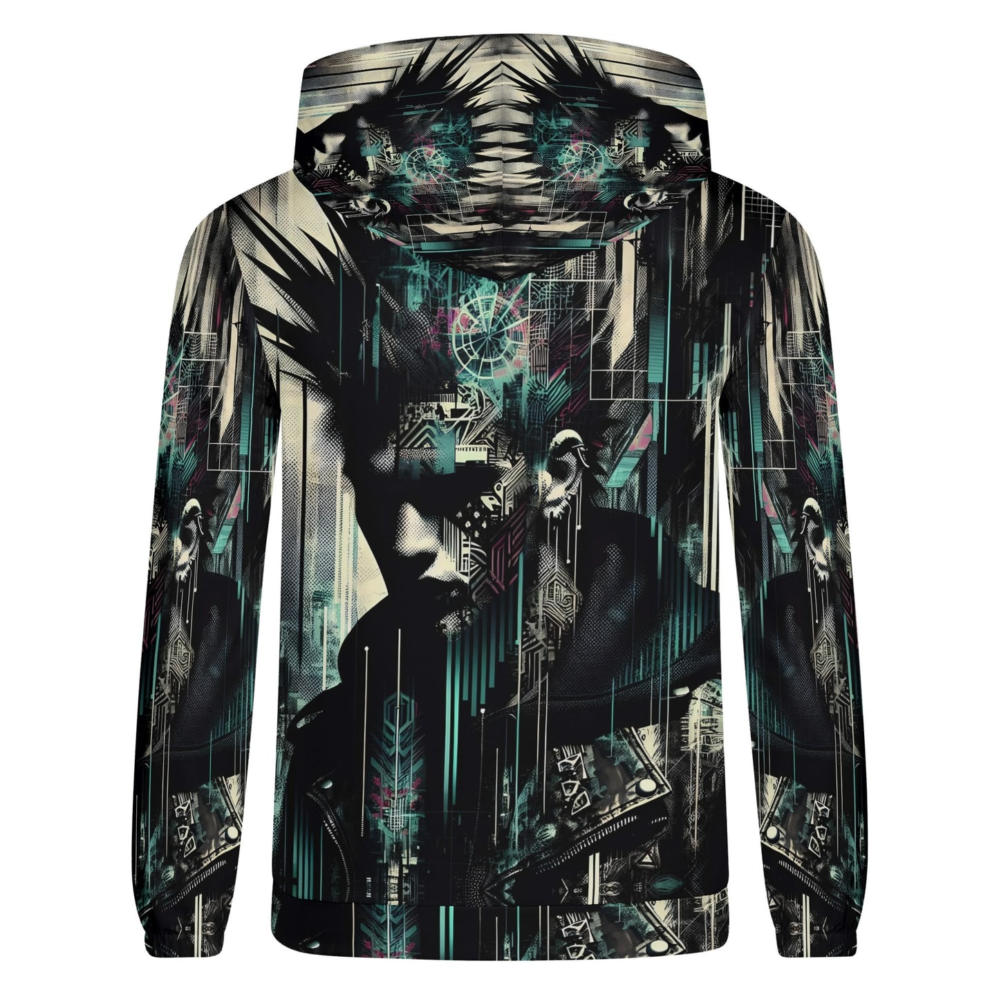 Loud and Lethal distorted dreams cotton terry hoodie with abstract dark artistic design in black and teal colors