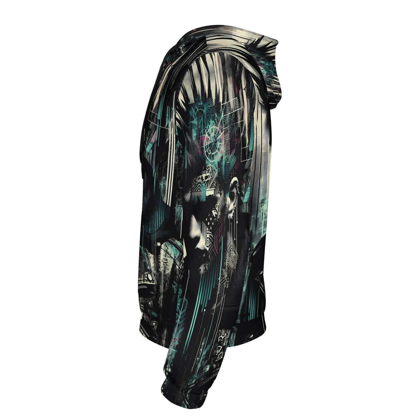 Side view of Loud and Lethal distorted dreams cotton terry hoodie with dark graphic design on black fabric