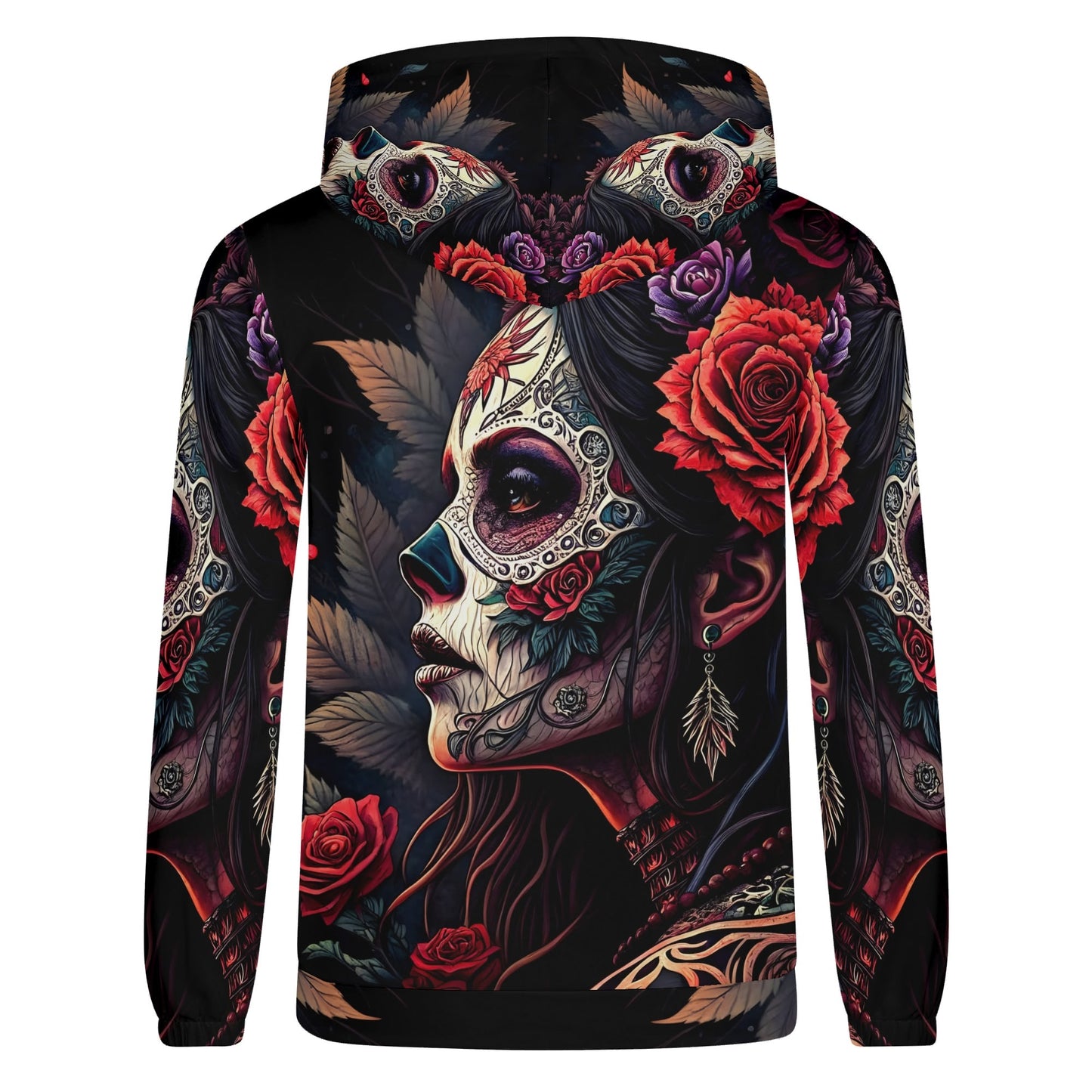 Doomed to Bloom Poly French Terry hoodie featuring a vivid Day of the Dead woman with red roses and intricate face paint