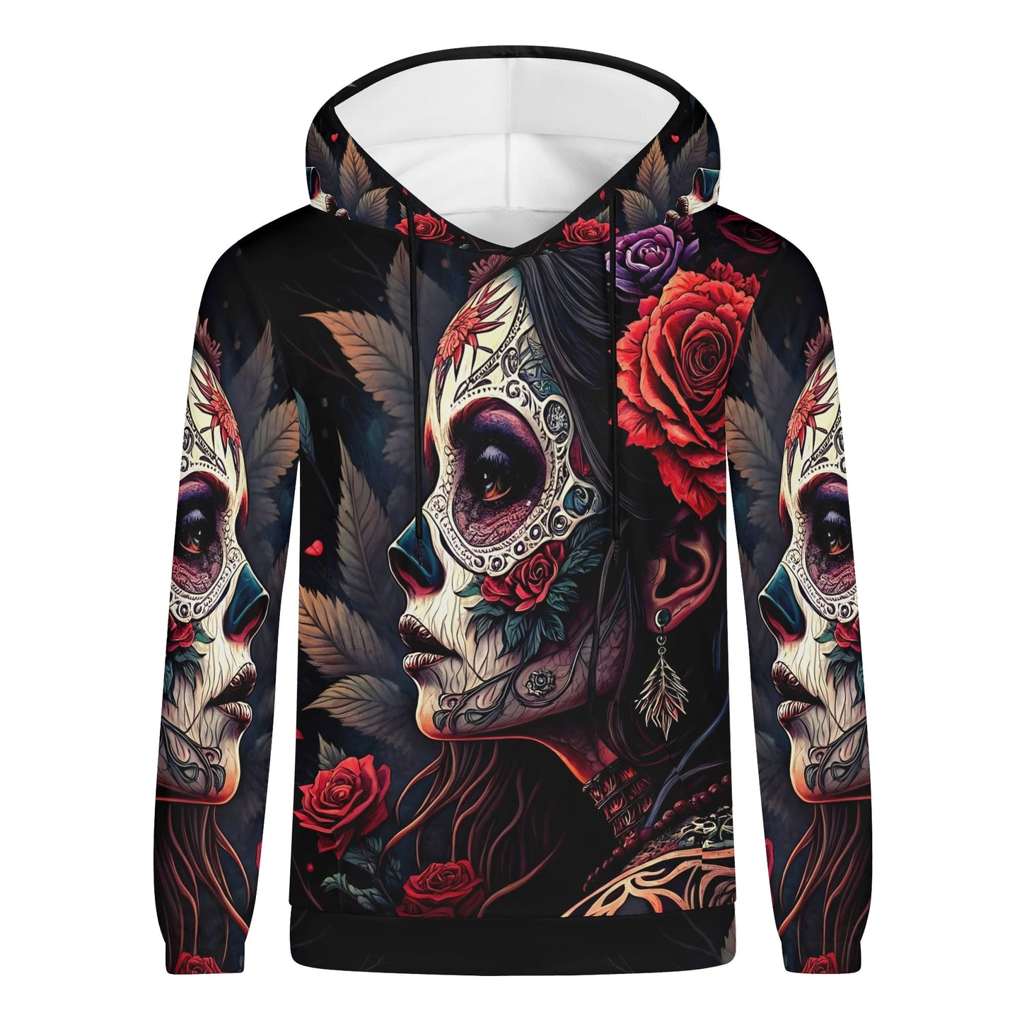 Doomed to Bloom Poly French Terry hoodie by Loud and Lethal featuring colorful sugar skull woman and red roses design
