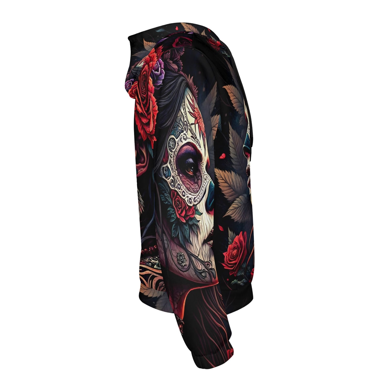 Side view of Loud and Lethal Doomed to Bloom Poly French Terry hoodie with dark floral skull design