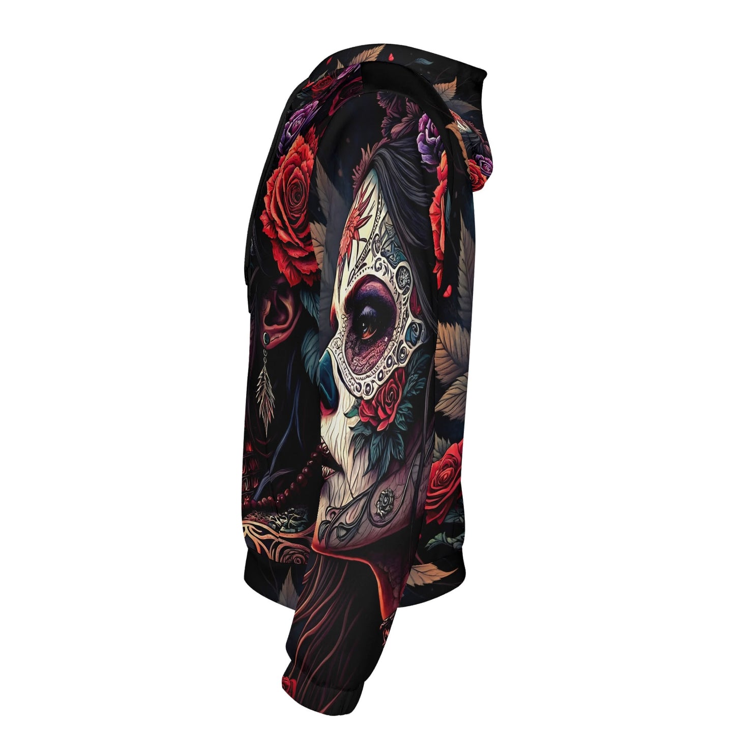 Side view of Loud and Lethal Doomed to Bloom Poly French Terry hoodie with vibrant skull and rose design