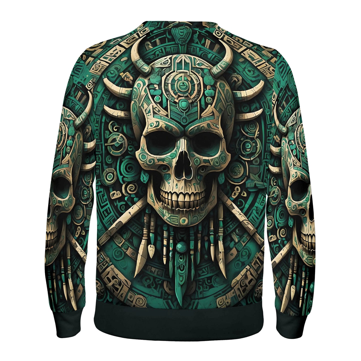 Unisex Loud and Lethal sweater with Aztec skull and geometric patterns in green and gold Emerald Doom Poly French Terry Sweatshirt