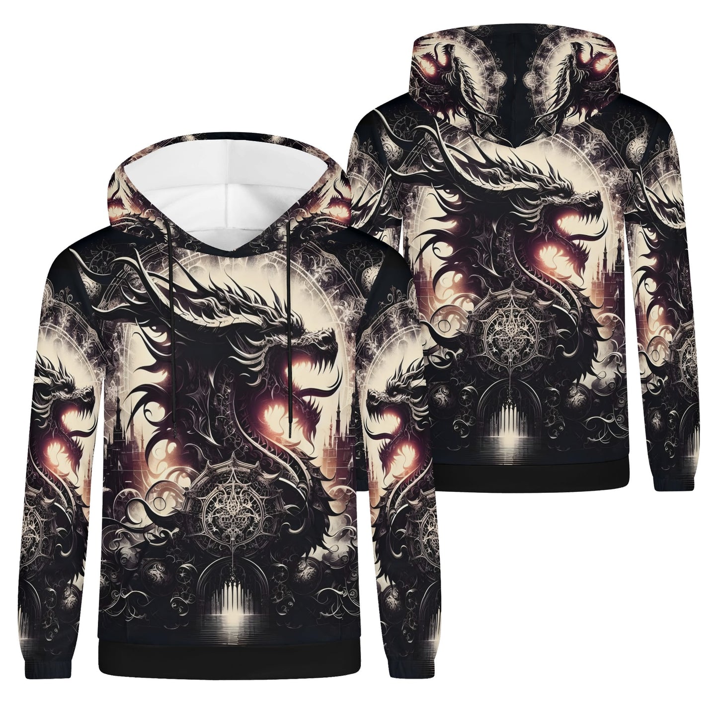 Dragons Dominion Cotton Terry hoodie by Loud and Lethal featuring a detailed black dragon design on front and back unisex