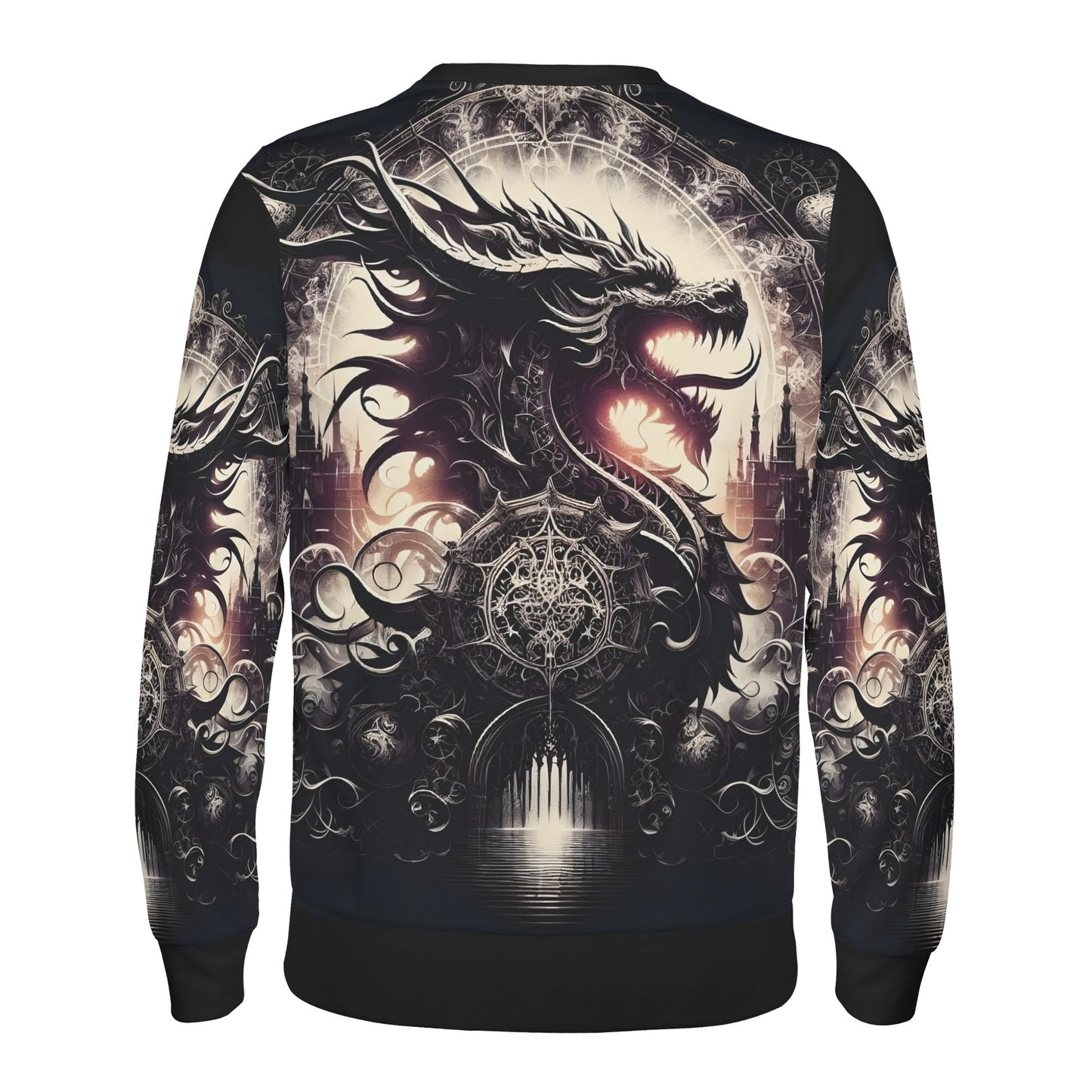 Loud and Lethal unisex sweater with black dragon print and gothic castle scene Dragons Dominion Cotton Terry Sweatshirt