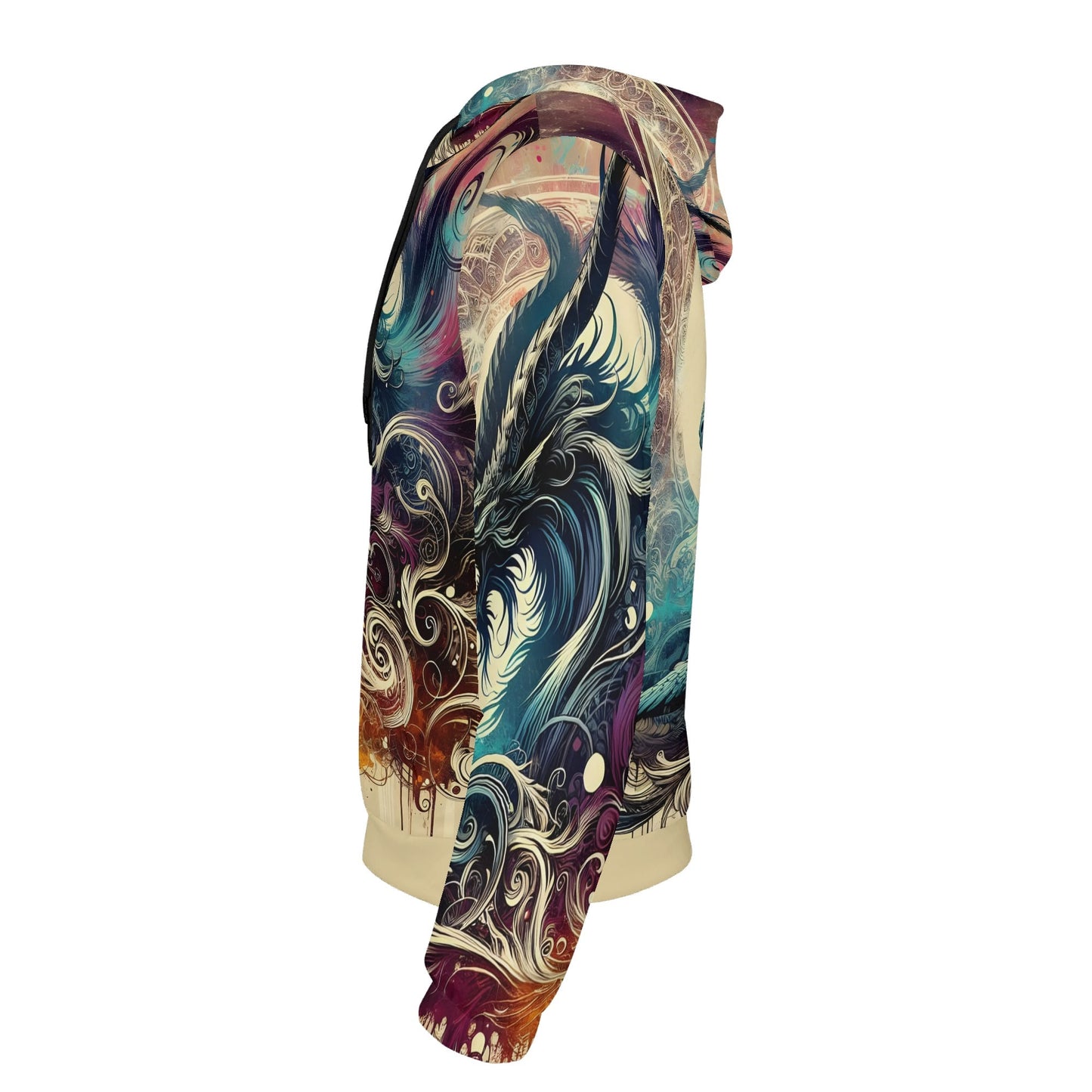 Side view of Loud and Lethal Dragons Fury cotton terry hoodie with colorful dragon artwork