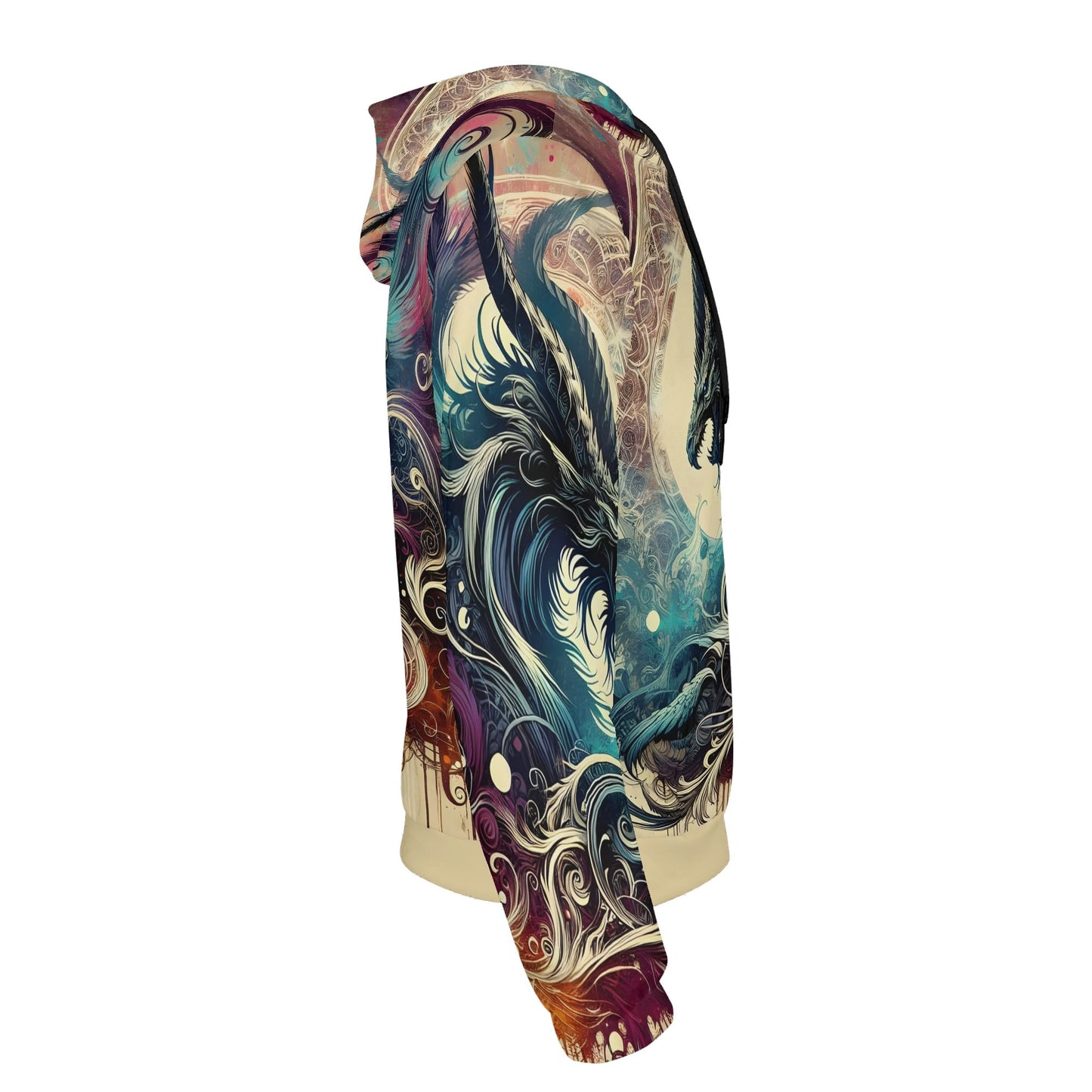 Unisex Dragons Fury cotton terry hoodie by Loud and Lethal featuring detailed dragon artwork in vibrant colors