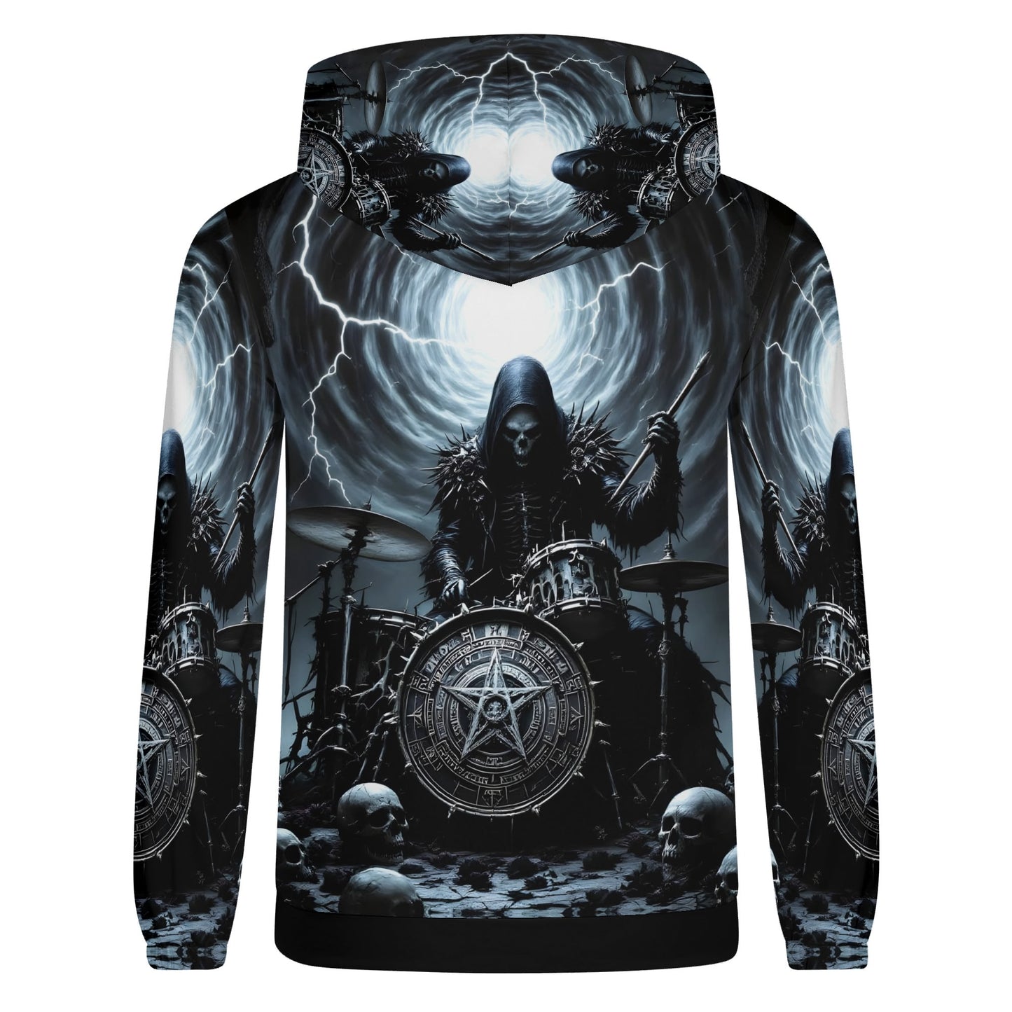 Loud and Lethal Drummer of the Fallen Cotton Terry Hoodie with dark drummer and skulls graphic design