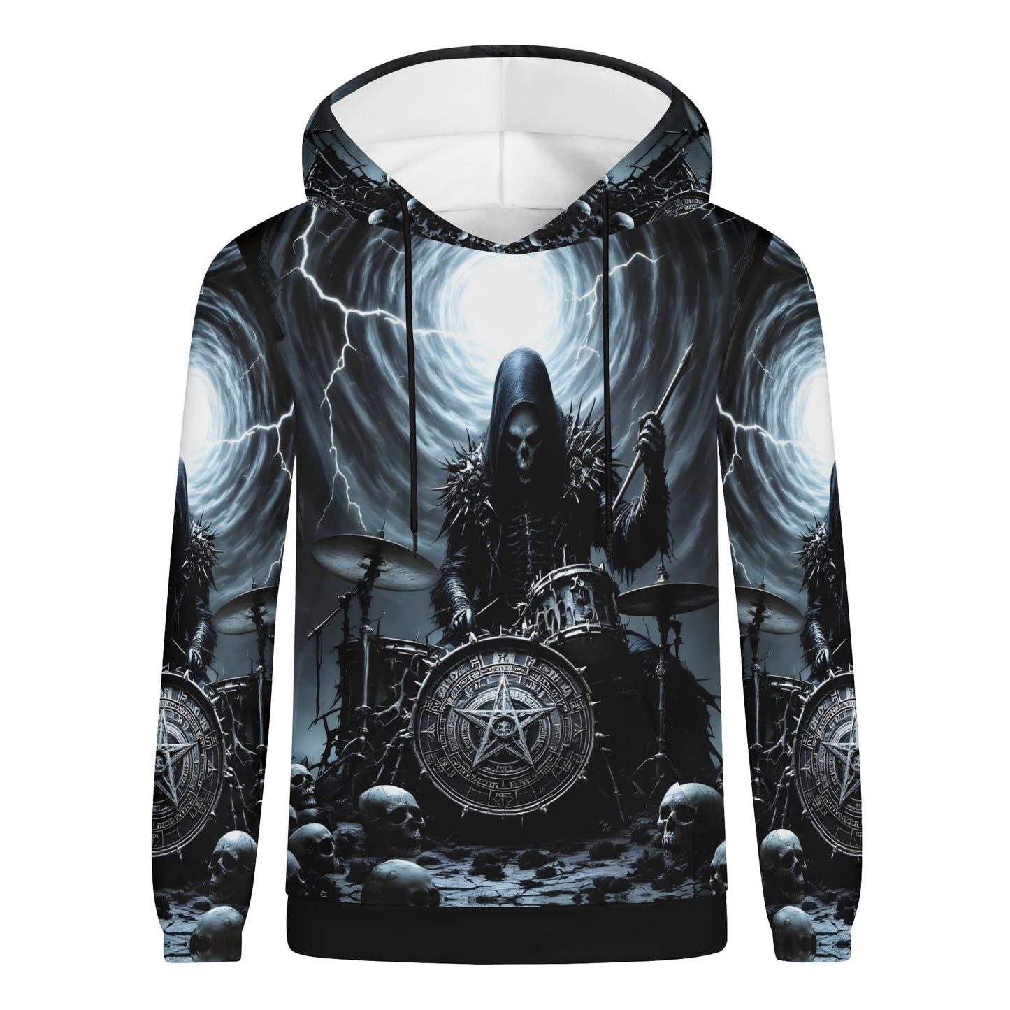 Drummer of the Fallen Cotton Terry Hoodie featuring a dark hooded drummer with skulls and lightning design