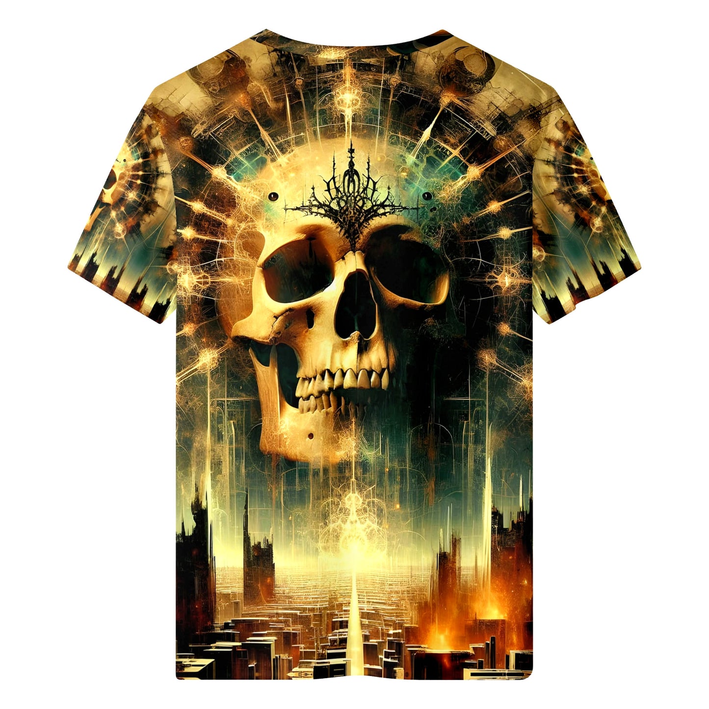 Dystopian Dawn 100 Cotton T-Shirt by Loud and Lethal featuring a large skull with intricate cityscape and glowing light design