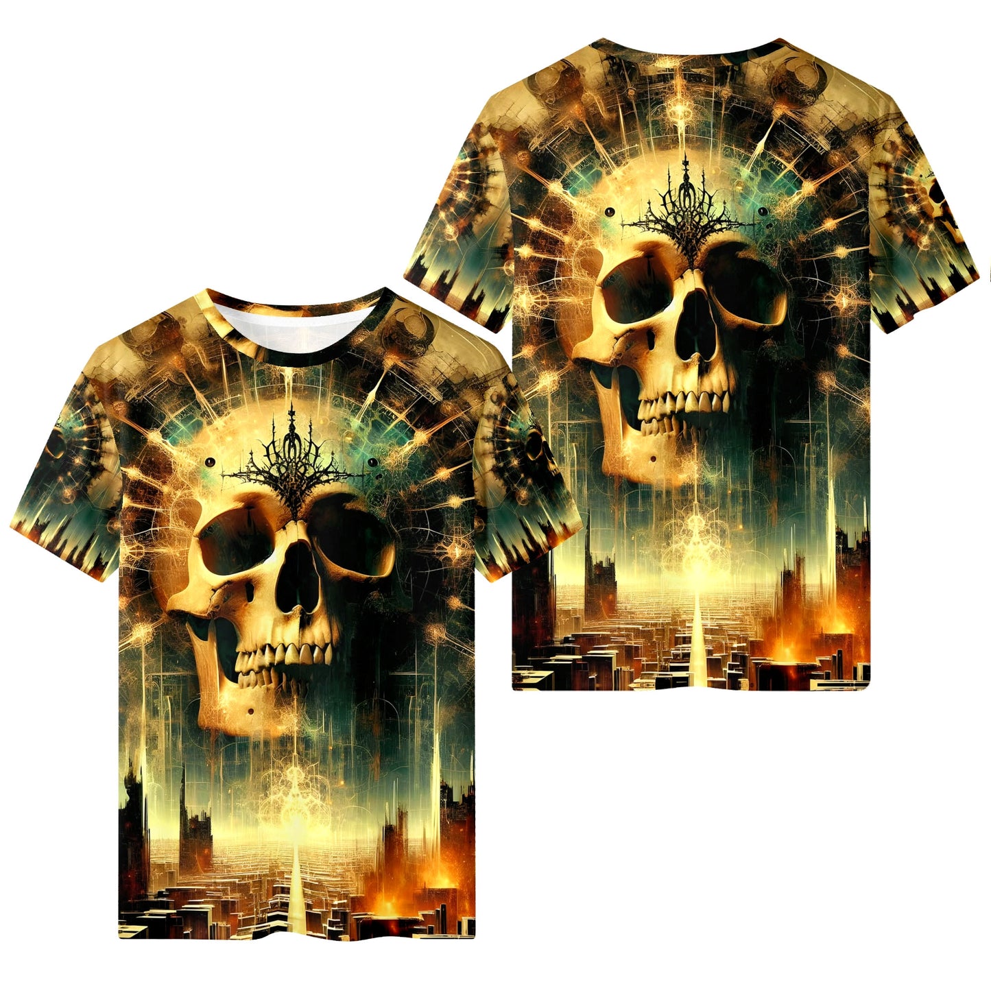 Loud and Lethal Dystopian Dawn 100 Cotton T-Shirt with skull and cityscape graphic design