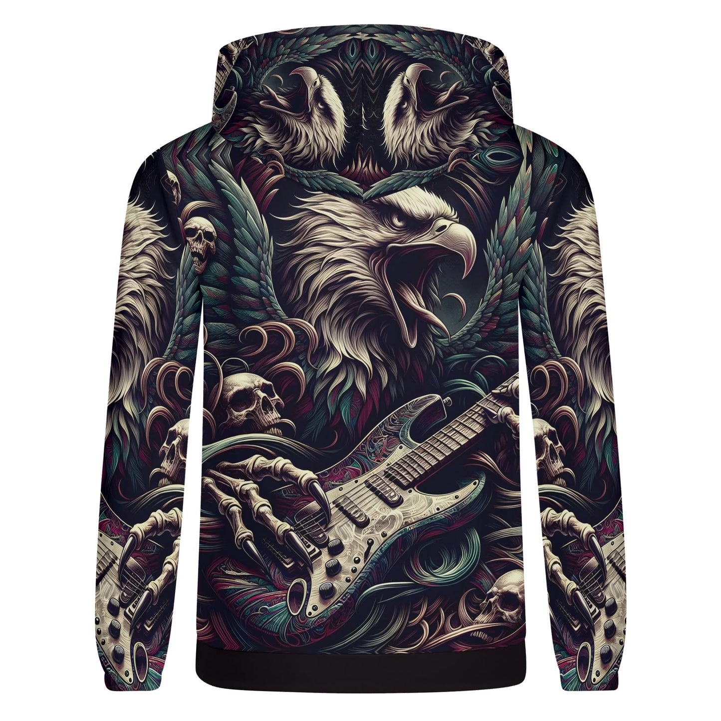 Unisex Eagle Rock cotton terry hoodie by Loud and Lethal with eagle, skulls, and guitar graphic design