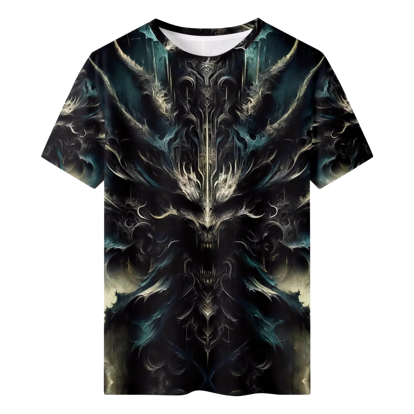 Echoes of the Underworld 100 Cotton T-Shirt with dark fantasy skull and horn design by Loud and Lethal